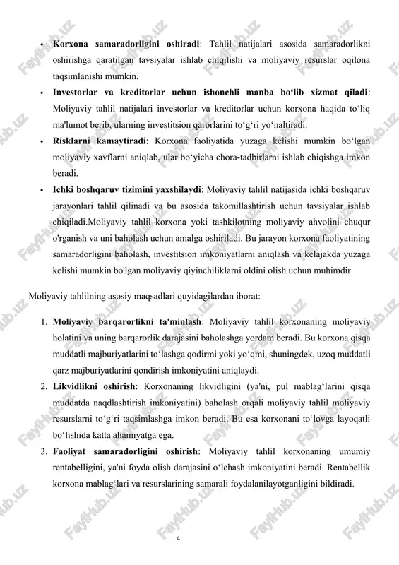 hlil korxonaning umumiy rentabelligini, ya'ni foyda olish darajasini o‘lchash imkoniyatini beradi. rentabellik korxona mablag‘lari va resurslarining samarali foydalanilayotganligini bildiradi. 4. investorlar va kreditorlar uchun ishonchli ma'lumot taqdim etish: investorlar va kreditorlar korxonaning moliyaviy holati haqidagi ma'lumotlarga tayanadi. moliyaviy tahlil esa ularning qarorlarini aniq va ishonchli qilishda yordam beradi. moliyaviy tahlil bir nechta asosiy yo‘nalishlarda amalga oshiriladi: 1. likvidlik va to‘lovga layoqatlilik tahlili: korxona qisqa muddatli qarz majburiyatlarini o‘z vaqtida to‘lash qobiliyatini aniqlaydi. bu tahlil korxonaning moliyaviy resurslarini qisqa muddatli likvidlik ko‘rsatkichlari, ya'ni pul oqimlarini boshqarish samaradorligi bilan baholaydi. 2. moliyaviy barqarorlik tahlili: moliyaviy barqarorlik, odatda, korxonaning uzoq muddatli qarz majburiyatlariga to‘lov qobiliyatini ifodalaydi. bu tahlil ko‘pincha moliyaviy koeffitsiyentlar orqali amalga oshiriladi. masalan, qarz/kapital koeffitsiyenti yoki umumiy moliyaviy barqarorlik koeffitsiyentlari kiritilishi mumkin. 3. rentabellik tahlili: ushbu tahlil korxona tomonidan investitsiyalarning qanchalik samarali foydalanilayotganligini ko‘rsatadi. rentabellik tahlili foyda darajasini, xarajatlarning qisqarishi yoki daromadlarning o‘sishini ko‘rsatadi. 4. aktivlar va passivlar tahlili: korxonaning resurslar …