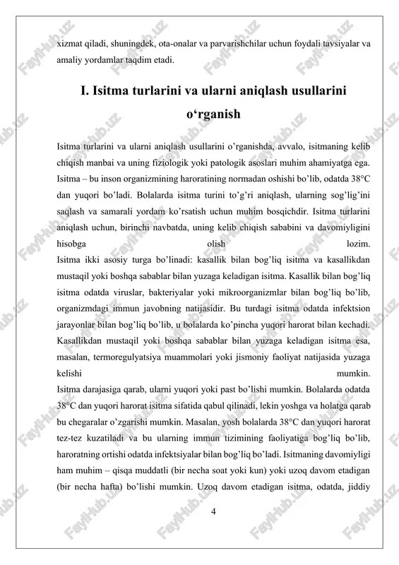 lar: qusish, diareya, qattiqqo’l qattiqlik, nafas olishda qiyinchilik, kundalik faoliyatga qiziqishning pasayishi yoki uyqu muammolari bo’lishi mumkin. bu belgilar, shuningdek, isitmaning turini aniqlashda yordam beradi va muolajalarni belgilashda muhim ahamiyatga ega. isitma turlarini aniqlashda, haroratni o’lchash uchun turli usullar mavjud. termometrlar yordamida, ayniqsa digital yoki analoq termometrlar bilan, haroratni aniqlash mumkin. bolalarda, ayniqsa, yosh bolalarda, quloq, og’iz yoki peshona termometrlaridan foydalanish mumkin. haroratni o’lchashda, vaqt va joylashuv muhim – har doim bir xil joyda va shartlarda o’lchash tavsiya etiladi, shuningdek, o’lchashdan oldin bolani tinchlantirish va toza holatda bo’lishi zarur. isitma turini aniqlashda, shuningdek, bolaning harakatlarining holati va umumiy klinik ko’rsatkichlari ham hisobga olinadi. masalan, isitma bilan birga yuzning qizarishi, shilimshiq, qattiqqo’l yoki devor qiluvchi simptomlar bo’lsa, bu muayyan turdagi isitmani ko’rsatishi mumkin. shuningdek, bolalar uchun maxsus o’lchash usullari, masalan, rektal termometrlar, yuqori aniqlik bilan isitma darajasini aniqlash imkonini beradi. ii. bolaga yordam berish usullari va amaliy qo‘llash bolaga yordam berish …