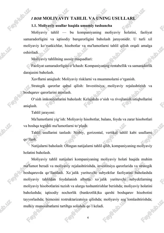 baholash uchun foydalaniladigan usul. u asosan moliyaviy hisobotlarni (balans, foyda va zarar hisobi, pul oqimlari hisobi) tahlil qilishga asoslanadi. moliyaviy tahlil quyidagi asosiy maqsadlarni o'z ichiga oladi: moliyaviy holatni aniqlash: kompaniyaning aktivlari, majburiyatlari va kapitali haqida ma'lumot beradi. raqobatbardoshlikni baholash: kompaniyaning raqobatchilariga nisbatan qanchalik samarali ishlayotganini ko'rsatadi. sarmoya qarorlarini qo'llab-quvvatlash: sarmoyadorlarga kompaniyaning kelajakdagi imkoniyatlarini baholashda yordam beradi. tahlil natijalariga asoslangan strategiyalarni ishlab chiqish: tahlil orqali olingan ma'lumotlar asosida kompaniya strategiyalarini belgilashda yordam beradi. moliyaviy tahlilning asosiy usullari: nisbat tahlili: moliyaviy ko'rsatkichlarni (masalan, rentabellik, likvidlik, aktivlarning aylanishi) solishtirish. trend tahlili: vaqt o'tishi bilan moliyaviy ko'rsatkichlarning o'zgarishini kuzatish. taqqoslash tahlili: raqobatchilar yoki sanoat o'rtasida moliyaviy ko'rsatkichlarni taqqoslash. moliyaviy tahlil orqali tashkilotlar o'z faoliyatini samarali ravishda boshqarish, risklarni baholash va rivojlanish strategiyalarini belgilash imkoniyatiga ega bo'lishadi. xo`jalik yurituvchi subyektning moliya-xo`jalik faoliyatini tahlil etishda moliyaviy hisobotning xalqaro standartlariga asosan 3 ta bosqichi tarkiblanadi: tahlilning maqsadini va uni realizatsiya qilish tartibini belgilash; tahlilda foydalaniladigan axborotlar …