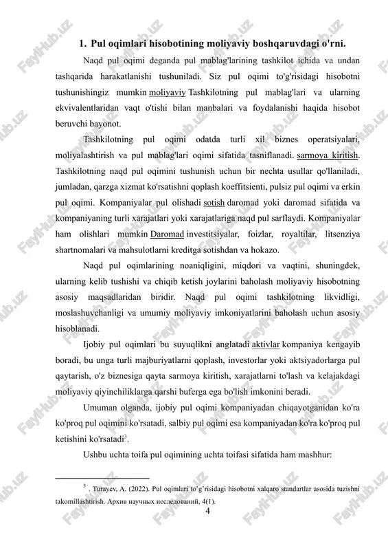 ko'rsatadi, salbiy pul oqimi esa kompaniyadan ko'ra ko'proq pul ketishini ko'rsatadi[footnoteref:3]. [3: . turayev, a. (2022). pul oqimlari to’g’risidagi hisobotni xalqaro standartlar asosida tuzishni takomillashtirish. arxiv nauchnix issledovaniy, 4(1).] ushbu uchta toifa pul oqimining uchta toifasi sifatida ham mashhur: 1. operatsiyalardan pul oqimi (cfo) - u, shuningdek, ishlab chiqarish va to'g'ridan-to'g'ri bog'liq bo'lgan pul oqimlarini bildiruvchi operatsion oqim sifatida ham tanilgan mahsulotlarni sotish oddiy operatsiyalardan. operatsiyalar bo'yicha pul oqimi tashkilotda hisob-kitoblarni yoki operatsion xarajatlarni to'lash uchun etarli pul oqimi mavjudligini ko'rsatadi. kompaniyaning uzoq muddatda moliyaviy barqaror bo'lishi uchun operatsion pul tushumlari naqd pul oqimidan ko'p bo'lishi muhimdir. moliya direktori sotishdan olingan naqd pulni olish va keyin davr uchun naqd pul bilan to'langan operatsion xarajatlarni ayirish yo'li bilan aniqlanadi. 2. investitsiyalardan pul oqimi (cfi) - bu, shuningdek, investitsion pul oqimi sifatida tushuniladi va ma'lum bir davrda turli investitsiyalardan qancha pul olingan yoki sarflanganligini anglatadi. u o'z ichiga olgan turli xil faoliyatlarga …