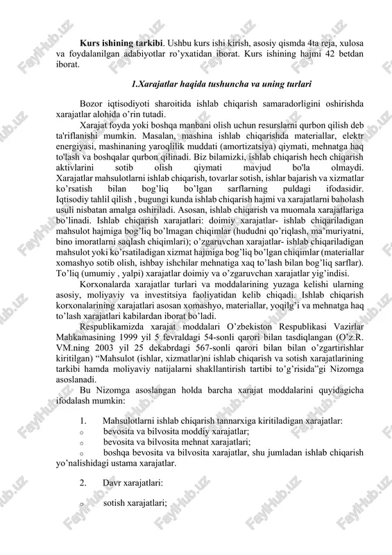 o’rganish; · mehnat xarajatlarining buxgalteriya hisobida aks ettirilishini ko’rib chiqish; · mehnat haqi bo’yicha hisoblashishlar, ularni rasmiylashtirish va foydalanishni nazorat qilish hisobini o’rganish. kurs ishining tarkibi. ushbu kurs ishi kirish, asosiy qismda 4ta reja, xulosa va foydalanilgan adabiyotlar ro’yxatidan iborat. kurs ishining hajmi 42 betdan iborat. 1.xarajatlar haqida tushuncha va uning turlari bozor iqtisodiyoti sharoitida ishlab chiqarish samaradorligini oshirishda xarajatlar alohida o’rin tutadi. xarajat foyda yoki boshqa manbani olish uchun resurslarni qurbon qilish deb ta'riflanishi mumkin. masalan, mashina ishlab chiqarishda materiallar, elektr energiyasi, mashinaning yaroqlilik muddati (amortizatsiya) qiymati, mehnatga haq to'lash va boshqalar qurbon qilinadi. biz bilamizki, ishlab chiqarish hech chiqarish aktivlarini sotib olish qiymati mavjud bo'la olmaydi. xarajatlar mahsulotlarni ishlab chiqarish, tovarlar sotish, ishlar bajarish va xizmatlar ko’rsatish bilan bog’liq bo’lgan sarflarning puldagi ifodasidir. iqtisodiy tahlil qilish , bugungi kunda ishlab chiqarish hajmi va xarajatlarni baholash usuli nisbatan amalga oshiriladi. asosan, ishlab chiqarish va muomala xarajatlariga bo’linadi. ishlab chiqarish …
