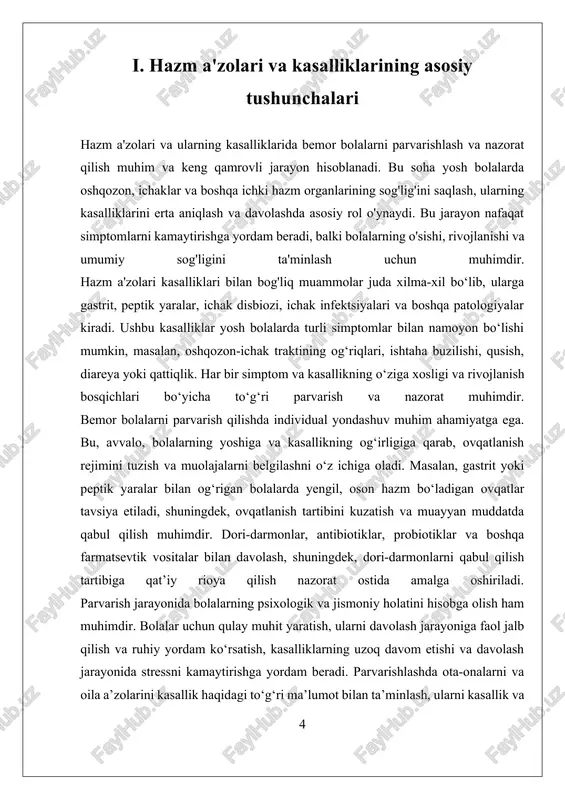 a olgan holda, individual monitoring rejalari ishlab chiqiladi. boshqa muhim jihat esa, uzoq muddatli parvarish va nazoratni ta’minlashdir. bu, bolalar sog‘lig‘ining umumiy holatini saqlash, kasalliklarning takrorlanishini oldini olish va profilaktik chora-tadbirlarni amalga oshirish uchun zarurdir. profilaktika choralari orasida, sog‘lom ovqatlanish, gigiena qoidalariga rioya qilish, profilaktik dori vositalarini qabul qilish va sog‘liqni saqlash muassasalariga muntazam ravishda tashrif buyurish kiradi. yosh bolalarda hazm a’zolari kasalliklarini to‘g‘ri parvarish qilish va nazorat qilish sohasida olib borilayotgan ilmiy izlanishlar yangi diagnostik usullar, masalan, mikrobiom tadqiqotlari va genetika yordamida aniqlikni oshirishga qaratilgan. bu texnologiyalar yordamida, kasalliklarning erta bosqichda aniqlanishi va individual davolash rejalarini ishlab chiqish imkoniyati kengaymoqda. bu esa, bolalar sog‘lig‘ini yaxshilash va ularning hayot sifatini oshirish uchun muhim ahamiyatga ega. ii. davolash usullari va parvarish qilish amaliyotlari davolash usullari va parvarish qilish amaliyotlari hazm a'zolari, ya’ni oshqozon, ichaklar va boshqa ichki hazm organlari kasalliklarida bemor bolalarni to’g’ri parvarish qilish va ularning holatini muntazam nazorat qilish …