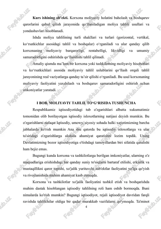 yaratadi. i bob. moliyaviy tahlil to‘g‘risida tushuncha respublikamiz iqtisodiyotidagi tub o'zgarishlari albatta xukumatimiz tomonidan olib borilayotgan iqtisodiy isloxotlarning natijasi deyish mumkin. bu o'zgarishlarni nafaqat iqtisodiy, umowy, siyosiy sohada halki xayotimizning barcha jabhalarda ko'rish mumkin ana shu qatorda bu iqtisodiy isloxotlarga va ular ta'siridagi o'zgarishlarga alohida ahamiyat qaratishni lozim topdik. uning davlatimizning bozor iqtisodiyotiga o'tishdagi tamoyillardan biri sifatida qaralishi ham bejiz emas. bugungi kunda korxona va tashkilotlarga berilgan imkoniyatlar, ularning o'z maqsadlariga erishishdagi har qanday suniy to'siqlarni bartaraf etilishi, erkinlik va mustaqillikni qaror topishi, xo'jalik yurituvchi sub'ektlar faoliyatini yo'lga qo'yish va rivojlanishida muhim ahamiyat kasb etmoqda. korxona va tashkilotlar xo'jalik faoliyatini tashkil etish va boshqarishda muhim dastak hisoblangan iqtisodiy tahlilning roli ham oshib bormoqda. buni nimalarda ko'rish mumkin? bugungi iqtisodiyot, rejali iqtisodiyot davridan farqli ravishda tahlilchilar oldiga bir qadar murakkab vazifalarni qo'ymoqda. ta'minot jarayonidan tortib korxona moliyaviy holatiga qadar bo'lgan kompleks jarayon qat'iy rejalashtirilgan bir sharoitda tahlilni mazmunini faqat uning o'zgarishlarini …