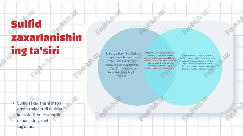 ish joyida xavfsizlik choralarini ko'rish, ventilatsiya tizimlarini yaxshilash va xavfli moddalar bilan ishlashda shaxsiy himoya vositalaridan foydalanish zarur. ish joyida xavfsizlik choralarini ko'rish oziq-ovqat xavfsizligini ta'minlash uchun mahsulotlarni sinchiklab tekshirish va monitoring tizimlarini joriy etish muhim ahamiyatga ega. oziq-ovqat xavfsizligi va monitoring ushbu masalalar bo'yicha doimiy ravishda ta'lim va treninglar o'tkazish, xodimlarning xabardorligini oshiradi. ta'lim va treninglar ushbu choralar, sulfid zaxarlanishining oldini olishda muhim rol o'ynaydi va sog'liqni saqlashni ta'minlaydi. sog'liqni saqlashni ta'minlash xavfli moddalar bilan ishlov berishda malakali va o'qitilgan xodimlarni jalb qilish zarur. malakali xodimlar oldini olish choralar zaxarlanish holatlari va statistikalar o'zbekistonda sulfid zaxarlanishi holatlari ko'paymoqda. 2022-yilda 150 dan ortiq holat qayd etilgan, bu esa sog'liqni saqlash tizimiga katta bosim o'tkazmoqda. ushbu zaxarlanishlar asosan sanoat hududlarida va qishloq joylarda yuzaga kelmoqda. o'zbekistondagi holatlar o'zbekistonda sulfid zaxarlanishiga oid ma'lumotlar, inson salomatligiga ta'sirini o'rganish uchun muhimdir. 2023-yilda 200 dan ortiq holat aniqlangan, ularning 30 foizi bolalar. statistik ma'lumotlar xalqaro …