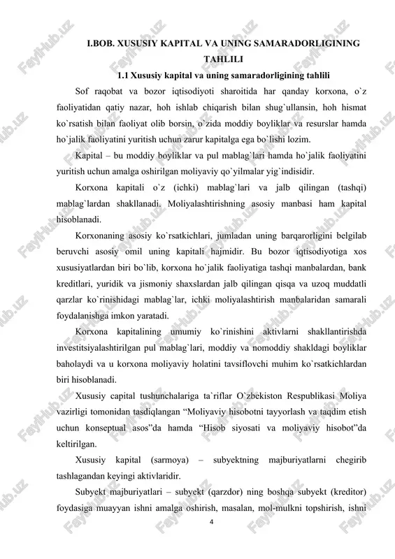 ar shakliga aylanadi. · uchinchi bosqichda tovar kapitali tovar va hizmatlarning sotilishi natijasida pul mablag`lariga aylanadi va korxona xususiy kapitalini shakllantiradi bozor iqtisodiyotiga o`tish va koronalar faoliyatiga talablarning oshishi bilan ular faoliyatini tashkil etishni takomillashtirish zaruriyati tug`ildi. shu zaruriyat tufayli har bir korxona ko`zda tutgan maqsadiga erishish va samarali rivojlanishning optima yo`lini tanlash uchun muayyan hisob siyosatini ishlab chiqishi lozim. hisob siyosati – bu normativ hujjatlar bilan tartibga solingan va korxona faoliyati xususiyatlaridan kelib chiqqan holda keltirilgan hisob kitob usullari jamlanmasidir. 1.2 .tadbirkorlik subyektlarida xususiy kapitalning tarkibiy tuzilishi: ustav fondi, qo`shilgan kapital zaxira kapitali, taqsimlanmagan foyda. tadbirkorlikning rivojlanishi tadbirkorlik faoliyatini boshqarish, nazorat va tahlil soxalarida buxgalteriya axborotining ro`lini oshirish bilan kuzatiladi. mulk shakli va faoliyat turidan qatiy nazar yuridik shaxslar foydalanuvchilar korxona aktivlari va ularni tashkil erish manbalari to`g`risida to`liq va qonuniy axborot olishlari uchun qonunchilik talablari asosida moliyaviy hisobot tuzishlari lozim. hozirda mulkchilik shaklidan qatiy nazar korxonada ustav fondi …