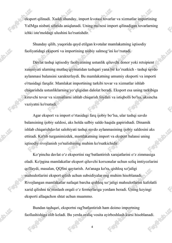 ettiradi. ko'rib turganimizdek, mamlakatning import va eksport balansi uning iqtisodiy rivojlanish yo'nalishining muhim ko'rsatkichidir. koʻpincha davlat oʻz eksportini ragʻbatlantirish xarajatlarini oʻz zimmasiga oladi. ko'pgina mamlakatlar eksport qiluvchi korxonalar uchun soliq imtiyozlarini qo'llaydi, masalan, qqsni qaytarish. an'anaga ko'ra, qishloq xo'jaligi mahsulotlarini eksport qilish uchun subsidiyalar eng muhim hisoblanadi. rivojlangan mamlakatlar nafaqat barcha qishloq xo‘jaligi mahsulotlarini kafolatli xarid qilishni ta’minlash orqali o‘z fermerlariga yordam beradi. uning keyingi eksporti allaqachon shtat uchun muammo. bundan tashqari, eksportni rag'batlantirish ham doimo importning faollashishiga olib keladi. bu yerda oraliq vosita ayirboshlash kursi hisoblanadi. eksport subsidiyalari milliy valyuta kursini oshiradi, mos ravishda importni sotib olish foydaliroq bo'ladi. ta'kidlash joizki, chet elga yoki chet eldan yuborilgan tovarlar va xizmatlar oqimi "to'liq" hisobga olinmaydi, lekin ayrim toifalar bundan mustasno: - tranzitdagi tovarlar; - vaqtinchalik eksport va import; - mamlakatda norezidentlar tomonidan sotib olingan yoki chet eldagi rezidentlarga sotilgan; - rezidentlar tomonidan norezidentlar bilan er sotish yoki sotib olish. import …