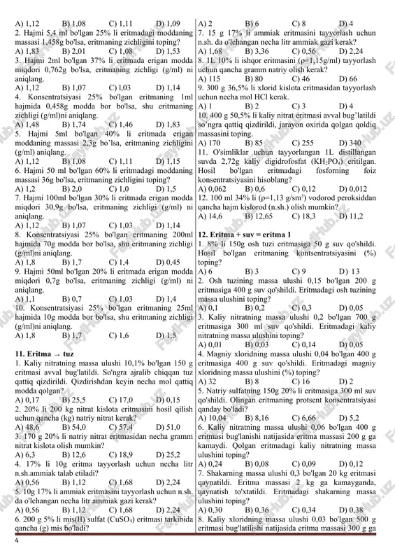 %) toping? a) 3,6 b) 2,6 c) 1,6 d) 2,9 5. 350 g suvda 50 g znso4*6h2o eritilishi natijasida hosil bo'lgan eritmaning kontsentratsiyasini (%) toping? a) 6,5 b) 5,6 c) 8,4 d) 7,5 6. 450 g suvda 150 g znso4*6h2o eritilishi natijasida hosil bo’lgan eritmaning kontsentratsiyasini (%) toping? a) 15 b) 20 c) 10 d) 11 7. 50 g kristalik soda 270 g suvda eritildi eritmadagi natriy karbonatning massa ulushini toping? a) 0,37 b) 0,037 c) 0,11 d) 0,058 8. 62,5 g mis kuporosi 277,5 g suvda eritildi. eritmadagi mis (ii) sulfatning massa ulushini toping? a) 0,20 b) 0;80 c) 0,16 d) 0,12 9. 27,8 g temir kuporosi feso4*7h2o 124,2 g suvda eritilganda hosil bo'lgan eritmadagi tuzning massa ulushini (foizlarda) aniqlang. a) 10 b) 12 c) 14 d) 16 10. 270 g suvda 30 g mis kuporosi cuso4*5h2o eritildi. suvsiz tuzning protsent miqdori qanday? a) 10 b) 11,1 c) 6,4 …