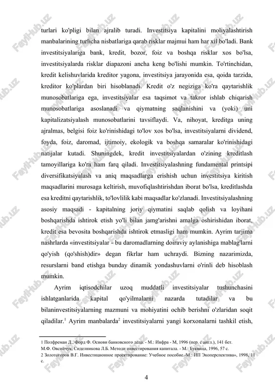 va boshqa samaralar ko'rinishidagi natijalar kutadi. shuningdek, kredit investitsiyalardan o'zining kreditlash tamoyillariga ko'ra ham farq qiladi. investitsiyalashning fundamental printsipi diversifikatsiyalash va aniq maqsadlarga erishish uchun investitsiya kiritish maqsadlarini murosaga keltirish, muvofiqlashtirishdan iborat bo'lsa, kreditlashda esa kreditni qaytarishlik, to'lovlilik kabi maqsadlar ko'zlanadi. investitsiyalashning asosiy maqsadi - kapitalning joriy qiymatini saqlab qolish va loyihani boshqarishda ishtirok etish yo'li bilan jamg'arishni amalga oshirishidan iborat, kredit esa bevosita boshqarishda ishtirok etmasligi ham mumkin. ayrim tarjima nashrlarda «investitsiyalar - bu daromadlarning doiraviy aylanishiga mablag'larni qo'yish (qo'shish)dir» degan fikrlar ham uchraydi. bizning nazarimizda, resurslarni band etishga bunday dinamik yondashuvlarni o'rinli deb hisoblash mumkin. ayrim iqtisodchilar uzoq muddatli investitsiyalar tushunchasini ishlatganlarida kapital qo'yilmalarni nazarda tutadilar va bu bilaninvestitsiyalarning mazmuni va mohiyatini ochib berishni o'zlaridan soqit qiladilar.[footnoteref:1] ayrim manbalarda[footnoteref:2] investitsiyalarni yangi korxonalarni tashkil etish, ishlab turgan korxonalarni qo'llab-quvvatlash va rivojlantirish, ishlab chiqarishni texnik tayyorlash, foyda va boshqa pirovard natijalar, masalan, tabiat mahofazasi, ijtimoiy natijalar olish maqsadlarida loyihalarga mablag'lar …