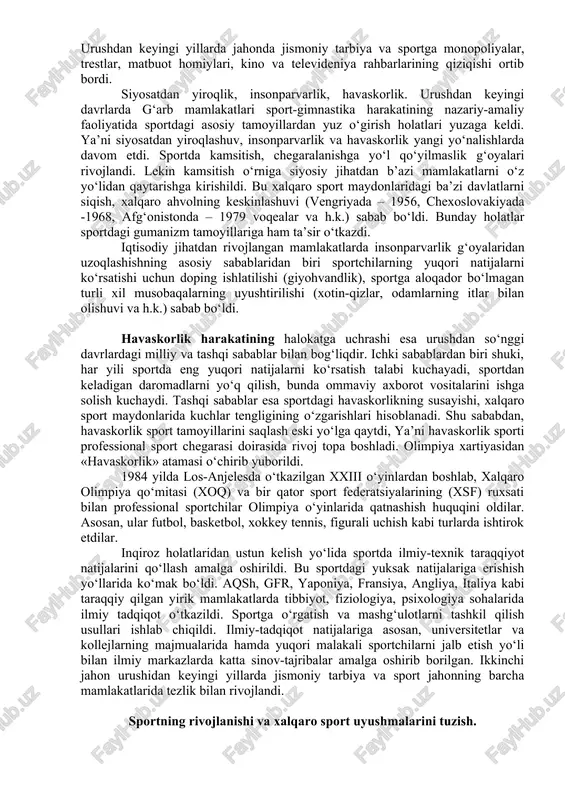 orti, daryolarda suzish, eshkak eshish, tekislikda ot sporti, hamma joyda sport o‘yinlari (regbi, futbol, basketbol, voleybol), otish, velosiped sporti va sportning motorli turlari ham taraqqiy ettirildi. bularda sportning avtomobil, motosikl, aviatsiya, planer va parashyut turlari, qilichbozlik, kurash, boks, og‘irlik ko‘tarish va gimnastikani taraqqiy ettirishga katta ahamiyat berildi. italiyada fashistlar armiyasiga rezervlar tayyorlash maqsadida «opera natsionale dopolivora» nomi bilan juda ko‘p tashkilotlar vujudga keltirildi. yaponiyada jismoniy tarbiya va sport ishlarini harbiylashtirish nihoyatda tez sur’atlar bilan olib borildi. siyosati yangi bosqinchilik urushiga tayyorlanish vazifalariga bo‘ysundirilgan yapon imperialistlari ana shu maqsadlarda maktab, sport va gimnastika tashkilotlaridan keng foydalandilar. o‘quv yurtlari va sport tashkilotlari harbiy-jismoniy tarbiyaning, shovinistik va militaristik kayfiyatlarni propaganda qilishning asosiy markazlari bo‘lib qolgan edi. eng yaxshi komandir va sport kadrlari yetishtirib chiqargan kolledj va universitetlarda harbiy-jismoniy tarbiyaning asosiy vositalari dzyu-do, qilichbozlik, otish, gimnastika, suzish, yengil atletika, voleybol, regbi va b.yedi. 1927 yilda hukumatning ko‘rsatmasiga muvofiq yaponiyaning o‘quv yurtlariga o‘quvchi yoshlarga harbiy …
