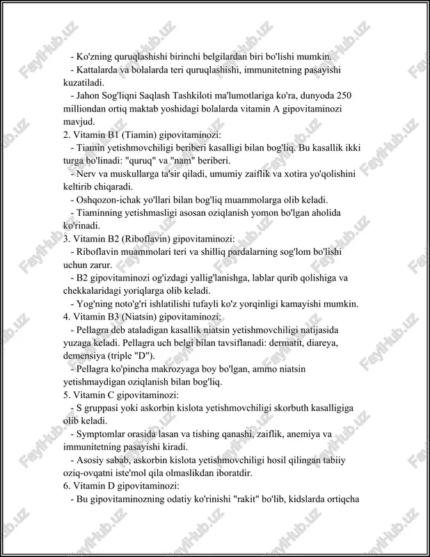 yetarli darajada mavjud, ayniqsa mehnat qilish paytidagi yopiq joylarda o'tkazilishi sababli. 7. vitamin e gipovitaminozi: - e vitamini antioksidant sifatida muhim rol o'ynaydi. uning yetishmasligi nerv va mushak kasalliklariga olib kelishi mumkin. - hemolitik anemiya deb ataladigan eritrotsitlarning yo'qolishi kuzatiladi. - e vitamini yetishmovchiligi kam uchraydi, asosan genetik yoki biologik omillar bilan bog'liqdir. 8. vitamin k gipovitaminozi: - vitamin k qon ivivalariga ta'sir ko'rsatadi va uning yetishmovchiligi ko'pincha qon ketishiga olib keladi. - vitamin k ning yetishmasligi yurtlarda juda kam uchraydi va asosan ichak mikrobial flostatsiyasi bilan bog'liq. bu gipovitaminoz turlari oziqlanishni tekshirish va muvozanatda bo'lgan turli xildagi oziqa manbalarini iste'mol qilish orqali oldini olish va davolash mumkin. bu muammolarni oldini olish uchun tabiiy va mavjud oziqlarni ratsionga qo'shish orqali vitaminlar darajasini saqlash muhim ahamiyatga ega. 3. a-vitamin va ko'z salomatligi a-vitamin ko'z salomatligi uchun juda muhim bo'lgan oziq-ovqat elementi hisoblanadi. bu vitamin retinol deb ham ataladi va asosan hayvonot …