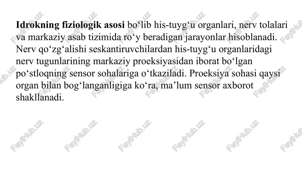 izlar bu sezgilardan ajratib olingan, bir muncha vaqt davomida shakllanadigan umumiy tuzilishni idrok etamiz. masalan, agar odam biror-bir kuyni tinglayotgan bo‘lsa, yangi nota jaranglashi haqida axborot etkazilguniga qadar uning ongida avval tinglangan kuyning notalari jaranglayveradi. odatda, tinglovchi kuyni tushunib etadi, ya’ni, uning tuzilishini yaxlitligicha idrok etadi. shunday qilib, idrok ongimizga biz real olamda duch kelgan jism yoki hodisaning tuzilishini etkazib beradi. idrokning navbatdagi xossasi uning konstantligidir. konstantlik deb, idrok qilish sharoitlarining o‘zgarishida jismlar ba’zi bir xossalarining nisbiy doimiyligiga aytiladi. perseptiv tizimning idrok sharoitlarining o‘zgarishini to‘ldirish qobiliyatida namoyon bo‘ladigan konstantlik tufayli, bizni o‘rab turgan jismlarni nisbatan doimiy jismlar sifatida idrok etamiz. yuqori darajadagi konstantlik jismlar rangi, kattaligi va shaklini ko‘rish idrokida kuzatiladi. idrokning xususiyatlari insonning barcha orttirilgan amaliy va hayotiy tajribasi bilan belgilanadi, chunki idrok jarayoni faoliyatdan ajralmasdir. idrok seskantiruvchining xususiyatining o‘zigagina emas, balki, sub’ektga ham bog‘liq bo‘ladi. ko‘z va quloq emas, ma’lum bir jonli inson idrok etadi. idrokning psixik hayotimizning …