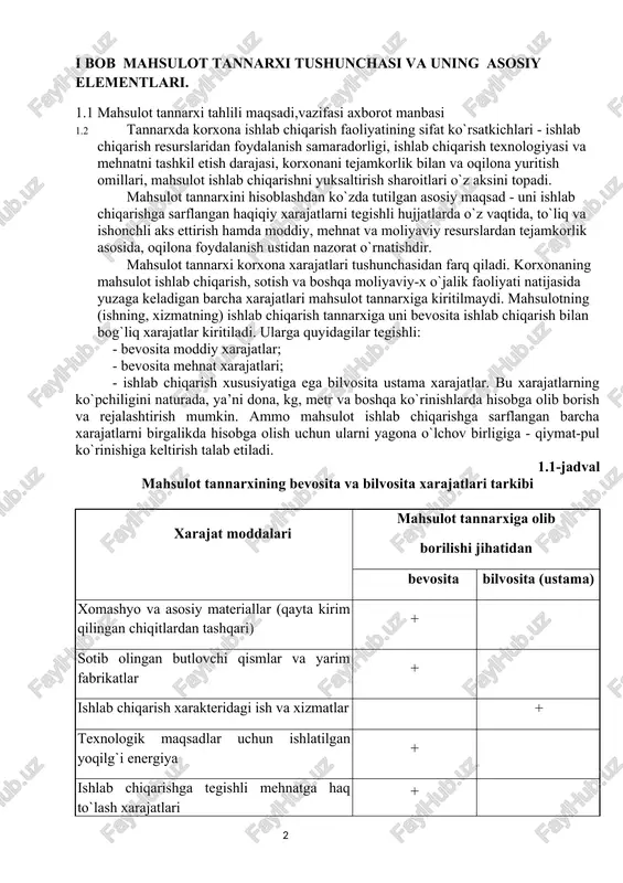 ari - ishlab chiqarish resurslaridan foydalanish samaradorligi, ishlab chiqarish texnologiyasi va mehnatni tashkil etish darajasi, korxonani tejamkorlik bilan va oqilona yuritish omillari, mahsulot ishlab chiqarishni yuksaltirish sharoitlari o`z aksini topadi. mahsulot tannarxini hisoblashdan ko`zda tutilgan asosiy maqsad - uni ishlab chiqarishga sarflangan haqiqiy xarajatlarni tegishli hujjatlarda o`z vaqtida, to`liq va ishonchli aks ettirish hamda moddiy, mehnat va moliyaviy resurslardan tejamkorlik asosida, oqilona foydalanish ustidan nazorat o`rnatishdir. mahsulot tannarxi korxona xarajatlari tushunchasidan farq qiladi. korxonaning mahsulot ishlab chiqarish, sotish va boshqa moliyaviy-x o`jalik faoliyati natijasida yuzaga keladigan barcha xarajatlari mahsulot tannarxiga kiritilmaydi. mahsulotning (ishning, xizmatning) ishlab chiqarish tannarxiga uni bevosita ishlab chiqarish bilan bog`liq xarajatlar kiritiladi. ularga quyidagilar tegishli: - bevosita moddiy xarajatlar; - bevosita mehnat xarajatlari; - ishlab chiqarish xususiyatiga ega bilvosita ustama xarajatlar. bu xarajatlarning ko`pchiligini naturada, ya’ni dona, kg, metr va boshqa ko`rinishlarda hisobga olib borish va rejalashtirish mumkin. ammo mahsulot ishlab chiqarishga sarflangan barcha xarajatlarni birgalikda hisobga …