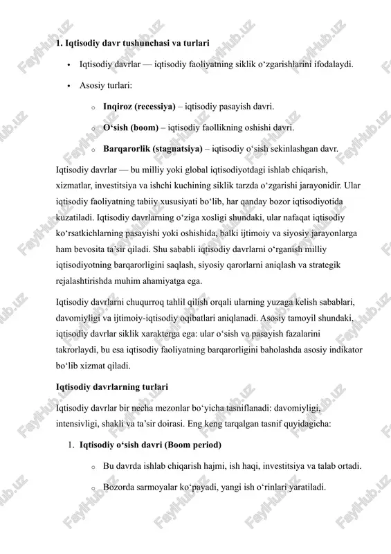 ing ijtimoiy, siyosiy va moliyaviy hayotiga bevosita ta’sir qiladi. shu bois, iqtisodiy davrlarni tushunish va ularni bashorat qilish mamlakatning iqtisodiy barqarorligini ta’minlashda muhim vositadir. iqtisodiy davrlar doimiy ravishda o‘zgarib turadigan sikl shaklida namoyon bo‘ladi. iqtisodiy sikl — bu iqtisodiy faollikning vaqt bo‘yicha davriy o‘zgarishi bo‘lib, u ishlab chiqarish, investitsiya, ish haqi, ish o‘rinlari, narxlar darajasi va boshqa iqtisodiy ko‘rsatkichlarda aks etadi. iqtisodiy davrlarning siklik tabiati iqtisodiy tizimning ichki mexanizmlari, tashqi omillar va siyosiy qarorlar ta’sirida shakllanadi. iqtisodiy siklning asosiy bosqichlari iqtisodiy davrlar odatda quyidagi asosiy bosqichlardan iborat bo‘ladi: 1. o‘sish (expansion yoki boom) bu bosqichda iqtisodiy faollik yuqori darajada bo‘ladi. ishlab chiqarish hajmi oshadi, yangi ish o‘rinlari yaratiladi, aholining daromadlari ortadi va talab ko‘payadi. shu bilan birga, investitsiya faoliyati kuchayadi, korxona va kompaniyalar ishlab chiqarish quvvatlarini kengaytiradi. o‘sish davrida banklar kreditlashni kengaytiradi, iste’mol va korporativ xarajatlar oshadi. bu bosqich iqtisodiy barqarorlik va optimizm bilan xarakterlanadi. 2. cho‘qqi (peak) o‘sish davri …