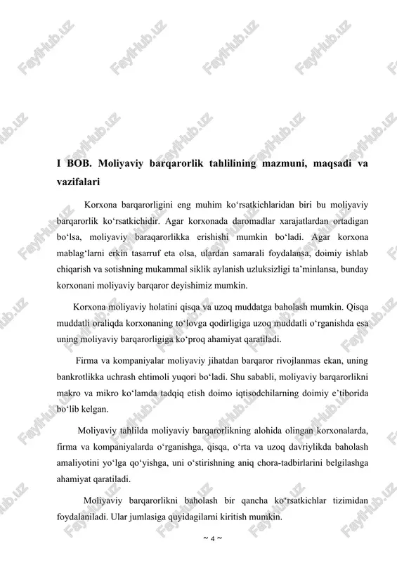 iga, daromad va xarajatlar farqida ijobiy natijaviylikka, aylanma mablag‘lar bilan ta’minlanganligiga, moliyalashtirishda avtonomlik darajasiga, ish va bozordagi aktivligining himoyalanganligiga va h.k. jihatlarga. moliyaviy barqarorlik mutlaq va nisbiy ko‘rsatkichlarda baholanadi. moliyaviy barqarorlikning mutlaq ko‘rsatkichlari – aktivlar, ishlab chiqarish zaxiralari va ularni moliyalashtirish manbalarining muayyan davriylikdagi holatini ifoda etadi. korxona aktivlari va ishlab chiqarish zaxiralarini moliyalashtirish manbalariga albatta birinchi navbatda o‘z mablag‘lari manbasi (ustav kapitali, rezerv kapitali, qo‘shilgan kapital, taqsimlanmagan foyda, maqsadli tushumlardan iborat), uzoq va qisqa davriylikda olingan bank kreditlari va qarzlari kiradi. aktivlarni moliyalashtirishda ko‘proq uzoq muddatli kreditlar va qarzlar ustunlik qilsa, ishlab chiqarish zaxiralarini to‘plash va moliyalashtirishda qisqa muddatli kreditlar va qarzlardan keng foydalaniladi. moliyaviy barqarorlikni mutlaq ko‘rsatkichlarini aniqlashda, aktivlar va zaxiralarni moliyalashtirishda quyidagi ko‘rsatkichlar tizimidan foydalaniladi: - aktivlar (uzoq muddatli); - ishlab chiqarish zaxiralari; - o‘z mablag‘lari manbasi; - uzoq muddatli majburiyatlar (kreditlar va qarzlar); - qisqa muddatli majburiyatlar (kreditlar va qarzlar). korxonalar moliyaviy holatini tashhislash va uni …
