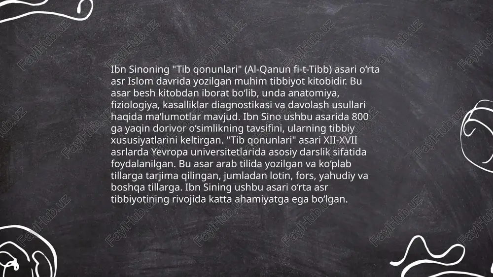 arga erishdilar. viii-xii asrlarda bag'dod, damashq, va qohira kabi shaharlarda ilmiy markazlar tashkil etildi. "bayt al-hikma" (donishmandlik uyi) bag'dodda, xorazm, va samarqandda ilm-fan rivoj topdi. al-xorazmiy algebra asoschisi hisoblanadi, ibn sino tibbiyotda "tib qonunlari" asarini yozdi. bu davrdagi ilm-fan yutuqlari keyinchalik yevropa uyg'onish davriga katta ta'sir ko'rsatdi. algebra, arab raqamlari va tibbiyotdagi kashfiyotlar yevropaga ko'chirilgan va rivojlantirilgan. ... t.me/slaydai_bot 9. orta asr tibbiyoti va san'ati zamonaviy tibbiyot va san'atga sezilarli ta'sir ko'rsatdi. ibn sino (avicenna)ning "tib qonunlari" kitobi o'rta asr tibbiyotining asosiy asarlaridan biri bo'lib, zamonaviy tibbiyot rivojiga katta hissa qo'shgan. ushbu kitob xvi asrga qadar ko'plab universitetlarda o'qitilgan. orta asrlar san'ati, masalan, islomiy geometrik naqshlar, hozirgi dizayn va arxitektura sohasida keng qo'llaniladi. rassomchilikda o'rta asr miniatyuralari bugungi kunda madaniy va tarixiy ilhom manbai sifatida qaraladi. ushbu davrda ishlab chiqilgan anatomiya va farmakologiya bo'yicha bilimlar zamonaviy fan asoslarini shakllantirishga yordam berdi. image1.png image2.png image3.png image4.jpeg image5.png image6.jpeg image7.jpeg