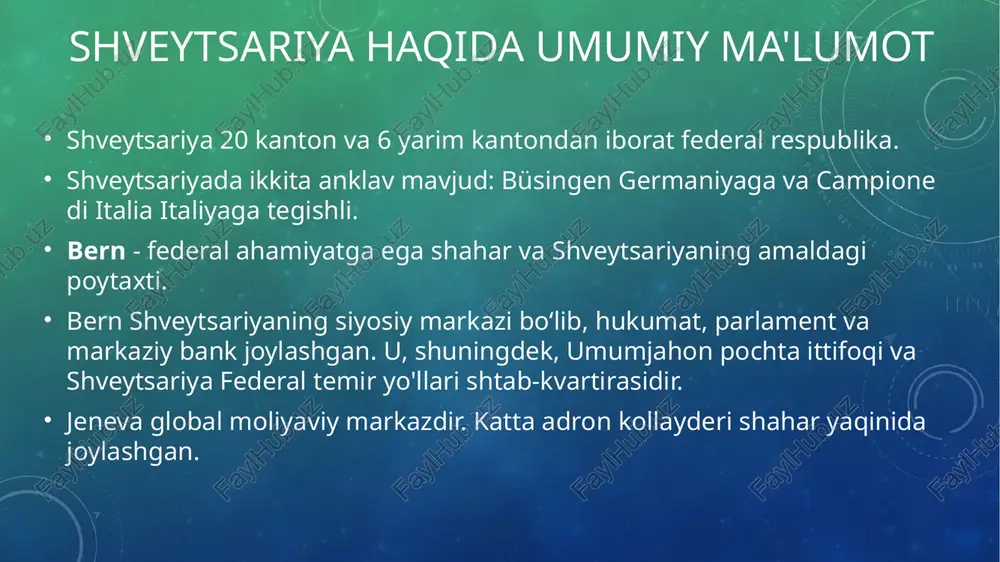 yo va farmatsevtika sanoati ( dori-darmonlar) ; qimmatbaho metallar (oltin va kumush) ; mashinalar, uskunalar va elektronika ; soatlar ; nozik asboblar (tibbiy asboblar va uskunalar); metallar ; zargarlik buyumlari ; qishloq, o'rmon va baliqchilik mahsulotlari , shu jumladan: kofe, ichimliklar, shokolad, pishloq, tamaki mahsulotlari (eksport); transport vositalari, shu jumladan: samolyotlar va kosmik kemalar, avtomobil qismlari, temir yo'l transporti; kiyim va poyabzal ; plastmassalar ; energiya ; san'at va antiqa buyumlar ; qog'oz va bosma mahsulotlar . shveytsariyada dunyodagi eng yirik to'rtta oltinni qayta ishlash zavodi joylashgan bo'lib, u jahon oltin ishlab chiqarishining uchdan ikki qismini qayta ishlaydi. shveytsariya dunyodagi eng yirik qimmatbaho metal importchisi va eksportchisi hisoblanadi. shveytsariya kuchli harbiy sanoatga ega (oʻqotar qurollar va havo hujumidan mudofaa tizimlari ishlab chiqarish), uning mahsulotlari dunyoning 70 ta davlatiga yetkazib berilgan. 16 xalqaro tashkilotlar zamonaviy dunyoda mavjud bo'lgan betaraflikning barcha shakllari ichida shveytsariyaniki eng uzoq davom etgan va eng izchili hisoblanadi. …