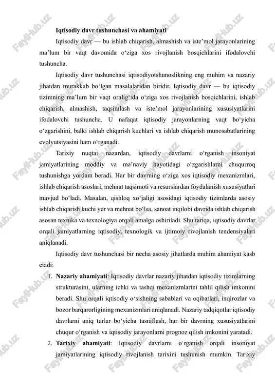 i tushunish mumkin. tarixiy tajriba shuni ko‘rsatadiki, har bir iqtisodiy tizim o‘ziga xos ishlab chiqarish vositalari, ishlab chiqarish munosabatlari va resurslardan foydalanish usullari bilan ajralib turadi. masalan, sanoat inqilobi iqtisodiy hayotda tub o‘zgarishlarni keltirib chiqardi: mehnat bozorining modernizatsiyasi, shaharlashuv jarayoni, kapitalning yangi shakllari va bozor mexanizmlari paydo bo‘ldi. 3. amaliy ahamiyati: iqtisodiy davrlarni tushunish va tahlil qilish davlat siyosati, biznes strategiyalari va moliya boshqaruvini samarali tashkil etish uchun muhimdir. ular yordamida: · resurslar samarali taqsimlanadi, · iqtisodiy barqarorlikni ta’minlash choralari ishlab chiqiladi, · investitsiya va kapital oqimlarini strategik rejalashtirish mumkin bo‘ladi. misol uchun, inqiroz davrini oldindan aniqlash orqali davlat va korporatsiyalar iqtisodiy risklarni kamaytirish bo‘yicha chora-tadbirlarni amalga oshiradi. 4. prognoz va innovatsion ahamiyati: iqtisodiy davrlarni chuqur tahlil qilish kelajakdagi iqtisodiy rivojlanish yo‘nalishlarini prognoz qilishga yordam beradi. zamonaviy global iqtisodiyotda texnologik inqiloblar, raqamli transformatsiyalar va innovatsion yangilanishlar iqtisodiy jarayonlarni tubdan o‘zgartirmoqda. shu bois, iqtisodiy davrlarni o‘rganish nafaqat hozirgi holatni tushunish, balki …