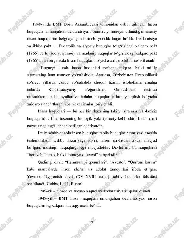1948-yil – bmt inson huquqlari umumjahon deklaratsiyasi inson huquqlarining xalqaro huquqiy asosi bo‘ldi. xxi asr – global inson huquqlari siyosati: bmt, yexht, yevropa kengashi kabi tashkilotlar orqali xalqaro nazorat tizimi shakllandi. o‘zbekiston respublikasida inson huquqlarini himoya qilish siyosati “inson — jamiyat — davlat” tamoyili asosida yo‘lga qo‘yilgan. so‘nggi yillarda quyidagi yirik huquqiy o‘zgarishlar amalga oshirildi: - yangi tahrirdagi konstitutsiya (2023-yil): unda “inson — oliy qadriyat” tamoyili mustahkamlandi. - inson huquqlari bo‘yisha milliy strategiya (2020-yil): davlat siyosatining asosiy yo‘nalishlarini belgilab berdi. - ombudsman instituti va bolalar huquqlari bo‘yisha vakil faoliyati mustahkamlandi. - ayollar, yoshlar va nogironlar huquqlarini himoya qilish bo‘yisha yangi qonunlar qabul qilindi. - sud-huquq islohotlari: odil sudlov, so‘z erkinligi va fuqarolik jamiyati faoliyatini kengaytirishga xizmat qilmoqda. so‘nggi yillarda inson huquqlarini ta’minlash borasida quyidagi ijobiy natijalar kuzatildi: - fuqarolik jamiyati institutlari soni 10 baravarga oshdi; - majburiy mehnat va bolalar mehnati deyarli bartaraf etildi (xmt hisobotlariga ko‘ra); - so‘z va …