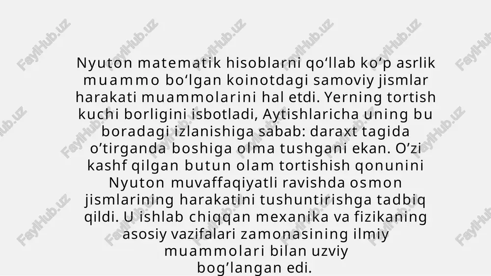 ragon unvoni moʻgʻulcha „kuregen“ soʻzining forscha varianti boʻlib, „xonning kuyovi“ maʼnosini bildiradi. mirzo ulugʻbek ulugʻbekning davlat boshqaruvini ilmiy faoliyati bilan teng olib bora olmadi. oʻzining qisqa hukmronligi davrida oʻz kuch va hokimiyatini oʻrnata olmadi. natijada, uning nazoratsizligidan yaqin atrofidagilar foydalandi va suiqasd natijasida oʻldirildi. oʻzbekiston xalq yozuvchisi odil yoqubov mirzo ulugʻbekning fojiali vafoti va padarkush mirzo abdullatifning 6 oylik mansab davri haqidagi „ulugʻbek xazinasi“ nomli tarixiy roman yozgan ptolemey klavdiy (taxminan milodiy 170-yilda vafot etgan) — yunon olimi. iskandariyada astronomik kuzatishlar olib borgan. ptolemey „almagest“ va „surat ul-arz“ nomli mashhur asarlar muallifi. „almajistiy“ asari oʻsha davrgacha boʻlgan astronomiya fani yutuqlarining geotsentrik sistemadagi bayonidir klavdiy ptolemey eʼtiboringiz uchun rahmat image1.jpg image2.jpg image3.jpg image4.jpg image5.jpg image6.jpg image7.jpg image8.jpg image9.jpg