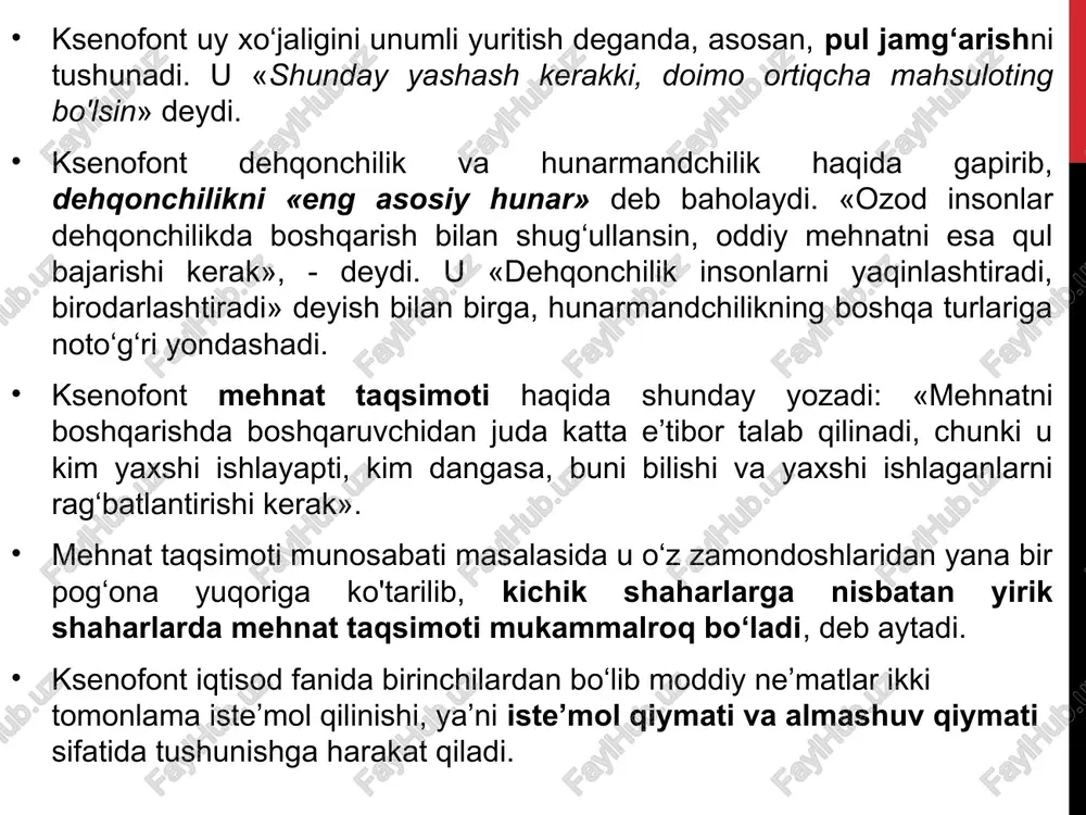 im buzsa, qonun yo‘li bilan davlat jazolashi kerak. bu ikkala davlat sxemasida ham platon mehnat taqsimotini asos qilib oladi. bu- o‘sha davr uchun buyuk fikr edi. aristotelning iqtisodiy qarashlari antik dunyodagi iqtisodiy fikrlarning yirik namoyandalaridan biri aristotel (m.av 384—322) hisoblanadi. uning iqtisod bo‘yicha fikr yuritgan asosiy asarlari «nikomaxova etikasi» va «siyosat» hisoblanadi. aristotel boylik topish va ehtiyojlarni qondirish usullari to‘g‘risida fikr yuritib, ekonomika va xrematistika tushunchalari farqini ajratib ko‘rsatib beradi uning fikricha, odamlarning ehtiyoji o‘rtacha, lekin odamlarning istaklari cheksizdir. shundan kelib chiqib, ehtiyojni qondirish uchun tovarlarni ishlab chiqarish tabiiy, cheksiz istaklarni qoniqtirish uchun tovarlarni ishlab chiqarish notabiiy holat. aristotelning fikricha, tovarlar bozorda sotish uchun ishlab chiqarilganida, bu faoliyat ehtiyojni yoki istaklarni qondirish uchun amalga oshirilganligini aniqlash qiyin; lekin uning fikricha, agar bozordagi almashuv barter shaklida bo'lsa, bu tabiiy ehtiyojni qondirish uchun amalga oshirilgan va bundan iqtisodiy foyda ko‘zlanmagan. lekin pul vositasida almashuvning asosiy maqsadi aristotel tomonidan qoralangan daromadni olish ekanligi …