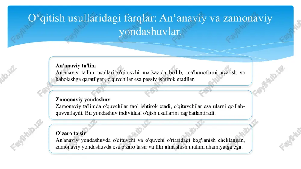keltiradi. xulosa ta‘lim jarayonini samarali tashkil etish, o‘quvchilarning bilim va ko‘nikmalarini rivojlantirishda muhim ahamiyatga ega. bu, ta'lim sifatini oshiradi. zamonaviy yondashuvlar an‘anaviy va zamonaviy o‘qitish usullari o‘rtasidagi farqlar, o‘quvchilarning ehtiyojlariga mos keladigan ta‘lim strategiyalarini tanlashda muhim rol o‘ynaydi. shaxsga yo‘naltirilgan ta‘lim shaxsga yo‘naltirilgan ta‘lim modelida, har bir o‘quvchining individual ehtiyojlari inobatga olinadi, bu esa o‘qitish jarayonini yanada samarali qiladi. ta‘lim jarayonining ahamiyati ta’lim jarayonini samarali tashkil etish o‘qituvchi va o‘quvchilar o‘rtasidagi hamkorlik, innovatsion yondashuv va zamonaviy texnologiyalardan oqilona foydalanishni talab etadi. to‘g‘ri rejalashtirish va ijodiy yondashuv orqali yuqori natijalarga erishish mumkin. e'tiboringiz uchun rahmat! image2.png image3.png image4.png image5.png image6.png image7.png image8.png image9.png image10.png image11.png image12.png image13.png /docprops/thumbnail.jpeg