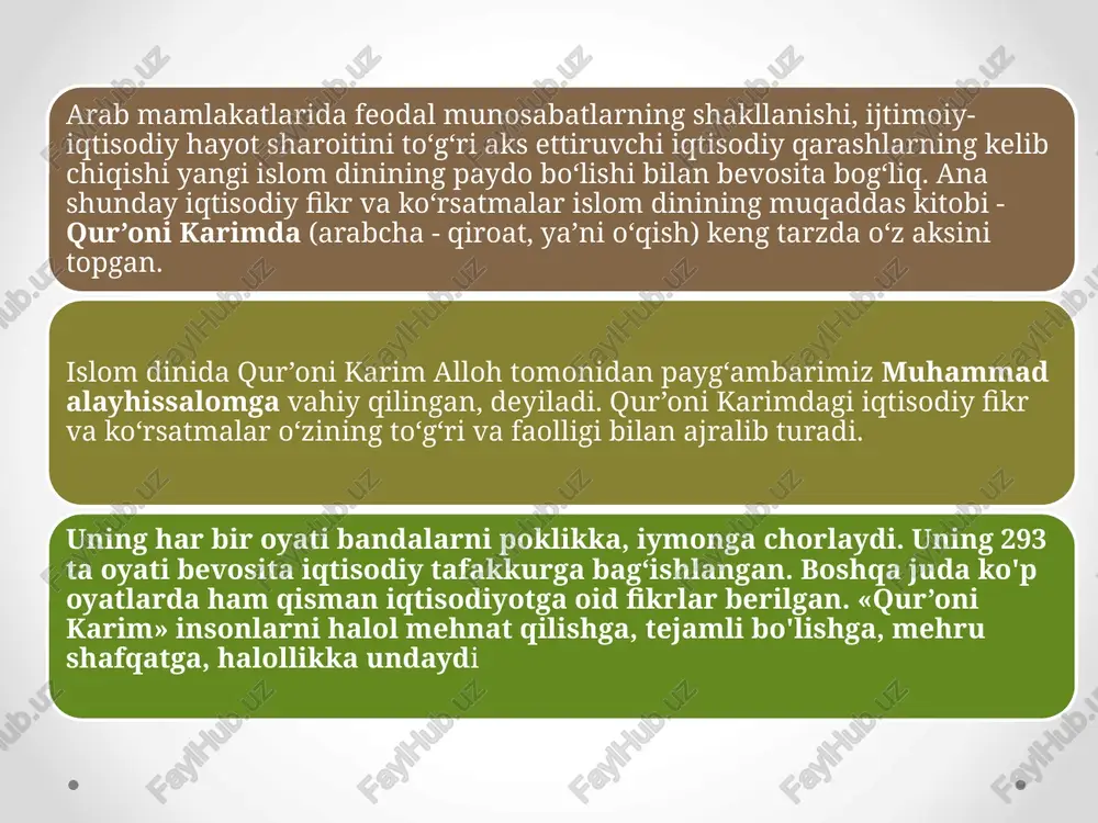 bayon qilingan. ibn xaldun xalqlar va davlatlarning haqiqiy boyligi pulda emas, balki mehnatda va mehnat mahsulotlarida ekanini payqadi. uning fikricha, jamiyatning farovonligi va uning rivojlanishi mamlakat aholisining ko'payishi, ishchi kuchlarining shaharlarda to'planuvi, ya’ni «mehnat miqdorining o‘sishi»ga bog'liqdir. biroq, jamiyat faqat zaruriy mahsulot ishlab chiqarish bilan chegaralansa, u qashshoqlik va qoloqlikdan chiqa olmaydi. jamiyatning rivojlanishi, aholi turmush darajasining ortishi faqat «ortiqcha mahsulot», qo‘shimcha mahsulot ishlab chiqara olganidagina ta’minlanadi ibn xaldun yana shuni asoslab berdiki, qo'shimcha mahsulot jamiyat a’zolarining mehnat taqsimoti asosida birlashgan mehnatining natijasidir, bu mahsulot odamlarning qanchalik to'planib ishlashlariga, ularning mehnat taqsimoti asosida birlashib harakat qilishlariga bevosita bog'liqdir. xulosa shuki, jamiyatdagi mehnat taqsimoti sharoitida har bir odam qo'shimcha mahsulotning ko'payishidan bevosita manfaatdordir, chunki u ularning har birining va hammasining farovonligiga xizmat qiladi. jamiyatning qashshoqlik va qoloqlikdan chiqishi ham ishlovchilar soniga va ularning mehnat taqsimoti asosida bir ish kuchi sifatida birgalashib ishlashiga bog'liqdir. iqtisodiyot ana shunday asoslarda tashkil etilsa, iste’mol qilinadigan …