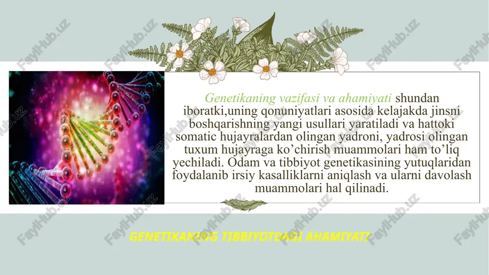 iy chatishtirish chatishtirish — urugʻlanish jarayonida irsiy jihatdan bir-biriga oʻxshamaydigan ikkita jinsiy hujayra (gameta)ning tabiiy yoki sunʼiy qoʻshilishi. chatishtirish natijasida paydo boʻlgan nayel gen boʻyicha geterozigotali holatda turadi. uning bir-biriga oʻxshash boʻlmagan ota-ona gametalari bilan turli allellari duragay murtakka (zigotaga) oʻtgan boʻladi. duragay organizm ota-onasining belgi va xususiyatlariga ega boʻlish bilan birga, ota-onasining jinsiy hujayralari orqali ularga oʻtgan irsiy imkoniyatlarning muayyan juftlashishi, rivojlanishi va namoyon boʻlishi kabi xususiyatlarga ham ega boʻladi. tanlash, odatda, duragaylarning ikkinchi boʻgʻinida oʻtkazilib, koʻpincha beshinchi-oltinchi boʻgʻinlargacha, gomozigotali nusxalar olingungacha takrorlanadi (qarang gomozigotalik). duragayda ota-onadan birortasining belgi xususiyatlarini kuchaytirish uchun takroriy (bekkross) chatishtirish (avlodni ota yoki ona shakli bilan qayta chatishtirish) oʻtkaziladi. 11 e’tiboringiz uchun rahmat! bajardi: tekshirdi: image1.png image2.png image3.png image4.png image5.png image6.png image7.png image15.png image16.png image8.png image9.png image17.jpeg image18.jpeg image19.jpeg image20.png image21.png image22.jpeg image23.jpeg image14.png