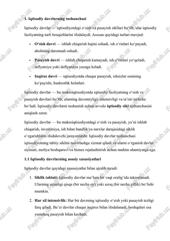 faolligi kuchayadi. · misol: 2010–2019 yillar oralig‘ida global iqtisodiyot post-inqiroz davrida barqaror o‘sish davrini boshdan kechirdi. 2. toppasiz o‘sish yoki cho‘qqi davri (peak): · o‘sish davri yakunlanib, iqtisodiyot maksimal rivojlanish nuqtasiga yetadi. · ishlab chiqarish darajasi yuqori, lekin resurslar to‘liq ishlatiladi va inflyatsiya bosimi kuchayadi. 3. pasayish davri (recession): · iqtisodiyot faoliyati sekinlashadi, ishlab chiqarish hajmi kamayadi, investitsiyalar kamayadi. · ishsizlik darajasi oshadi, narxlar barqarorligi buziladi. · misol: 2001 yildagi aqsh iqtisodiy pasayish davri it bozoridagi inqiroz natijasida yuzaga kelgan. 4. inqiroz davri (depression): · bu iqtisodiy davr eng chuqur pasayish bilan xarakterlanadi. · ishsizlik yuqori, korxonalar faoliyati sust, bankrotlik holatlari ko‘payadi. · misol: 1929–1933 yillardagi buyuk depressiya iqtisodiy inqirozning eng keskin namunasidir. 1.3 iqtisodiy davrlarning nazariy asoslari iqtisodiy davrlar tushunchasi bir nechta nazariy maktablar orqali izohlanadi: 1. klassik makroiqtisodiyot nazariyasi: iqtisodiyot o‘z-o‘zini barqarorlashtiradi, inqirozlar vaqtinchalik va tabiiy hisoblanadi. 2. keynsian nazariya: iqtisodiy davrlar ishlab chiqarish va talab o‘zgarishlari natijasida …