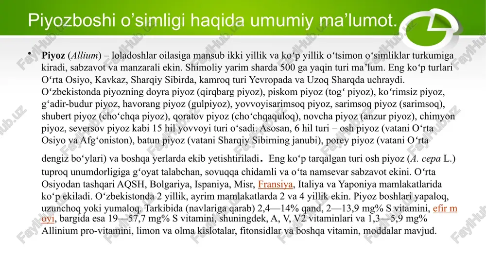 shnitt, shalot va juda koʻp boshqa turlari ham oziq-ovqatda ishlatilinadi. batun piyoz, (alliniumﬁ stulosum) piyoz bosh tugmaydigan koʻp yillik oʻsimlik. bir joyda 3 – 4 yil oʻsadi (salatniy 35 navi). barglari 25—30 sm boʻlganda— may oxirida yigʻishtirilinadi. hosildorligi 300 s/ga. porey piyoz (allinium porrum)— piyozbosh tugmaydigan koʻp yillik oʻsimlik. uzun nishtarsimon bargli, soxta poyali koʻp yillik oʻsimlik. hosildorligi 250 s/ga. shnitt (sibir) piyoz (allinium scho-enoprasum) – vatani janubiy osiyo boʻlgan koʻp yillik oʻsimlik. kam miqdorda yetishtiriladi. kuchli shoxlanadi – 3 yoshlisi 50 tagacha barg chiqaradi. bargida 70–105 mg% s vitamini bor. sovuqqa oʻta chidamli, hosildorligi 150—200s/ga. shalot piyoz (allinium ascalonicum) – vatani janubiy osiyo boʻlgan koʻp yillik oʻsimlik. piyoz boshchalari mayda, asosan kavkazda ochiq va yopiq (himoyalangan) tuproqqa bahorda ekiladi. piyozning vegetativ koʻpayadigan sarimsoq piyoz (allinium sativum) turi qimmatli sabzavot ekini (qarang sarimsoq). piyozning ayrim yovvoyi turlari bargi yoki piyozboshi isteʼmol qilinadi, piskom piyozi (allinium pskemens) kabi boʻyi 1 m …