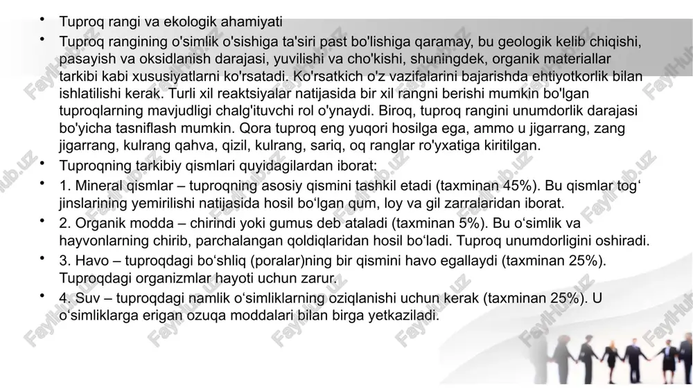 chiqindilari kiradi. tuproqni asosiy ifloslantiruvchi moddalar metallar va ularning birikmalari, radioaktiv moddalar, o‘g‘itlar va pestitsidlardir. asosiy ifloslanish manbalari: 1) turar-joy binolari va maishiy korxonalar. 2) sanoat korxonalari. 3) issiqlik energetikasi. 4) qishloq xo'jaligi. 5) transport. sanoat va qishloq xo‘jaligi faoliyati tufayli tuproqlarning kimyoviy moddalar bilan ifloslanishi — bu inson faoliyati natijasida tuproqqa zararli moddalar tushishi va ularning tuproq sifati, unumdorligi hamda atrof-muhitga salbiy ta’sir ko‘rsatishi jarayonidir. sanoat faoliyati orqali tuproqning ifloslanishi og‘ir metallar: sanoat chiqindilari (masalan, metallurgiya, kimyo sanoati) tuproqqa qo‘rg‘oshin, kadmiy, simob, nikel va boshqa og‘ir metallarning tushishiga olib keladi. bu metallar biologik parchalanmaydi va tuproqda uzoq saqlanib, o‘simliklar orqali oziq-ovqat zanjiriga kiradi. neft va neft mahsulotlari:neftni qazib olish, tashish yoki qayta ishlashda yuzaga kelgan to‘kilishlar tuproqni ifloslantiradi. bu moddalar tuproq mikroorganizmlarining faoliyatini susaytiradi va biologik hayotga zarar yetkazadi. 3. radioaktiv moddalarning chiqindilari:atom energiyasidan foydalanadigan sanoat korxonalari noto‘g‘ri boshqarilsa, tuproq radioaktiv moddalar bilan ifloslanishi mumkin. 🚜 qishloq xo‘jaligi faoliyati …