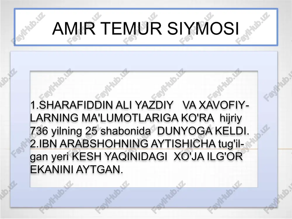 g oxirgi 5 yillik solig'ini berib yuborishni,2 orada do'stlikni taklif etib bordi. v.v.bartold bu munosabatlarni quyidagicha bayon etadi xiv asrda chig'atoylar davlati musulmon deb hisoblanmagan" ligini va husayn so'fining javobini tasvirlaydi.husayn so'fi: sizning mamlakatingiz jang viloyati (kofirlar mulki) va musulmonlar burchi sizlar bilan jang qilish bu javobni sh.a.yazdiy quyidagicha yozadi husayn so'fi : "men viloyatni qilich bilan oldimmi, yana qilich birla mendan olgaylar" 2-marta elchi bo'lib, musulmonlarning nekxohligi uchun sulton jaloliddin boradi.ammo so'fiy uni eshitishni ham xohlamay, uni zindonband eyadi. tamur buni eshitgach, cherikni to'plashga buyrnq berdadi. xorazmga yurishlar 1371-y yozida 1-yurish bo'ldi. kat shahrini egallash bilan tugadi. xorazm hukmdorlaridan so'fining qizi xonzodani jahongirga so'raydi. 5-yurish 1388-yil xorazm poytzxti vayron etilib, so'fiylar sulolasiga barham beriladi 4-yurish 1379-yil , sulh tuzish bilan yakunlandi. 3-yurish 1375-yil yozida bo'lib, natijasiz yakunlandi 2-yurish 1373-yil bahorida bo'lib, sulh tuzish bilan ykunlandi.xonzoda ha xorazmga olib kelindi. contents mo’g'ullar ustiga yurish 1371-1390-yillarda a.temur 7 marta yurish qildi.mo'g'ul …