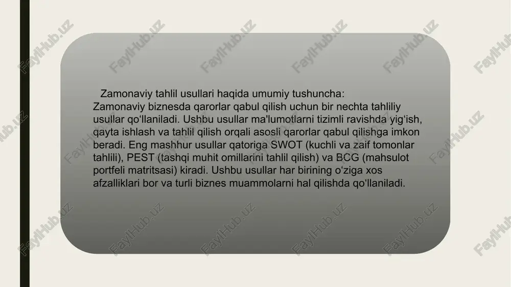 o‘sish sur’ati past. savollar (question marks): o‘sish sur’ati yuqori, lekin bozor ulushi past. itlar (dogs): bozor ulushi va o‘sish sur’ati past. bcg matritsasi maqsadi – kompaniyaning resurslarini samarali taqsimlash va har bir mahsulot uchun tegishli strategiya ishlab chiqishdir. bcg matritsasi elementlarini batafsil tahlil qilish sigirlar (cash cows): ushbu mahsulotlar bozorda o‘z pozitsiyasini mustahkamlagan va barqaror daromad keltiradi. ular ko‘p investitsiya talab qilmaydi, lekin kompaniyaga katta foyda olib keladi. strategiya: bu mahsulotlardan olingan daromadni boshqa sohalarga, masalan, yulduzlarga yoki savollarga yo‘naltirish. savollar (question marks): bu mahsulotlar tez rivojlanayotgan bozorlarning bir qismidir, lekin ularga raqobat qilish uchun katta mablag‘ talab qilinadi. ushbu mahsulotlar kelajakda yulduzga aylanishi yoki bozordan chiqib ketishi mumkin. strategiya: ushbu mahsulotlarga sarmoya kiritish yoki ularni bozorga mos kelmasligi sababli tark etish to‘g‘risida qaror qabul qilish. itlar (dogs): bu mahsulotlar bozorda past o‘sish va past ulushga ega. ular kompaniya resurslarini isrof qilishi mumkin. strategiya: ushbu mahsulotlarni bozorga moslashtirish yoki ularni …
