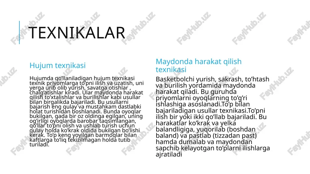 ki-gavdaga, yuqoriga qarab dastlabki dira bo’ylab ajariladigan harakati bilan bajariladi. shundan so’ng qo’llar tez oldinga qarab to’g’irlanadi. uzatish panjalarining faol harakatlari bilan yakunlanadi. to’pni yo’nalish tezligini oshirish uchun basketbolchi oyoqlarni to’hrilashi yoki qadam qo’yishi mumkin.savatga to’p otishlar.o’yinning yakuniy natijasi savatga otiladigan to’plarning aniqligi bilan bog’liq image2.jpeg image3.jpeg image4.jpeg image5.jpeg image6.jpeg image7.jpeg image8.jpeg image9.jpeg image10.jpeg image11.jpeg image12.jpeg image13.jpeg image14.jpeg /docprops/thumbnail.jpeg