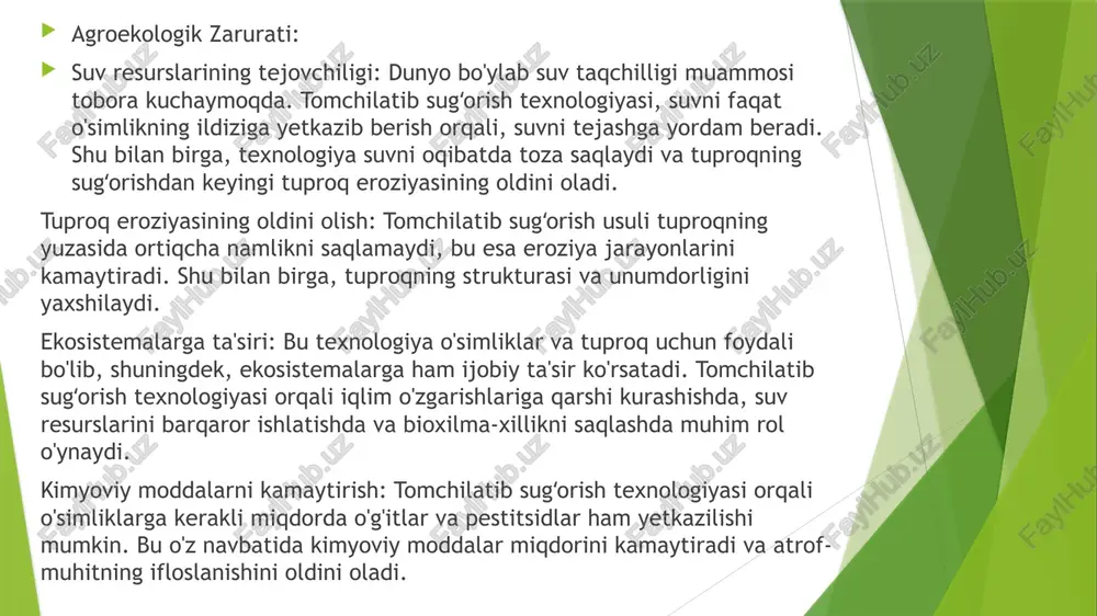 real vaqt rejimida kuzatish va sug‘orishni avtomatik ravishda boshqarish mumkin.suvni tejash: tomchilatib sug‘orish tizimi suvni samarali tejashga yordam beradi, shuning uchun tizimda suvni tejash uchun qo‘shimcha vositalar, masalan, suyuqlikni nazorat qilish moslamalari ham o‘rnatilishi mumkin. 4. tizimni o‘rnatish va tekshirish: tizimni o‘rnatish: tomchilatib sug‘orish tizimi o‘rnatilgandan so‘ng, uning ishlashini sinovdan o‘tkazish zarur. suvning to‘g‘ri tarqalishini va o‘simliklarga yetkazilishini ta’minlash kerak.suv ta’minoti va bosimni nazorat qilish: suvning qabul qiluvchi tomchilatish nuqtalariga to‘g‘ri bosimda kelishi uchun tizimni sozlash kerak. agar bosim o‘zgarsa, tizimning ishlash samaradorligi pasayishi mumkin. mevali bog‘larda tomchilatib sugʻorish tizimini loyihalash va tashkil etish 5. uzoq muddatli parvarish va monitoring: tizimni doimiy tekshirish va parvarish qilish: sug‘orish tizimi muntazam ravishda tekshirilishi, zarur hollarda filtrlar tozalanishi va tomchilatish quvurlari tekshirilishi kerak. buning yordamida tizimning uzluksiz ishlashi ta’minlanadi. iqlim va o‘simliklarning o‘sishiga qarab sozlash: iqlim o‘zgarishlariga qarab sug‘orish intervalini va suv miqdorini moslashtirish zarur. uzumzorlarda tomchilatib sugʻorish tizimini amaliy qoʻllash va hosildorlikka …
