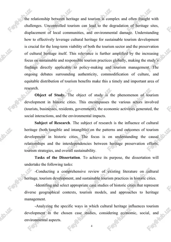 actices in historic cities. -identifing and select appropriate case studies of historic cities that represent diverse geographical contexts, tourism models, and approaches to heritage management. -analyzing the specific ways in which cultural heritage influences tourism development in the chosen case studies, considering economic, social, and environmental aspects. -identifing best practices in heritage management and tourism planning that contribute to sustainable tourism development. -developing a framework for sustainable tourism. based on the analysis of case studies and best practices, develop a framework for sustainable tourism management in historic cities. -providing specific recommendations for policymakers, tourism managers, and other stakeholders regarding sustainable tourism development in historic cities. scientific novelty. the scientific novelty of this dissertation lies in its potential to: -develop a comprehensive framework: create a novel framework for understanding and managing the interplay between cultural heritage and tourism development in historic cities, integrating economic, social, and environmental dimensions. -offer a comparative …
