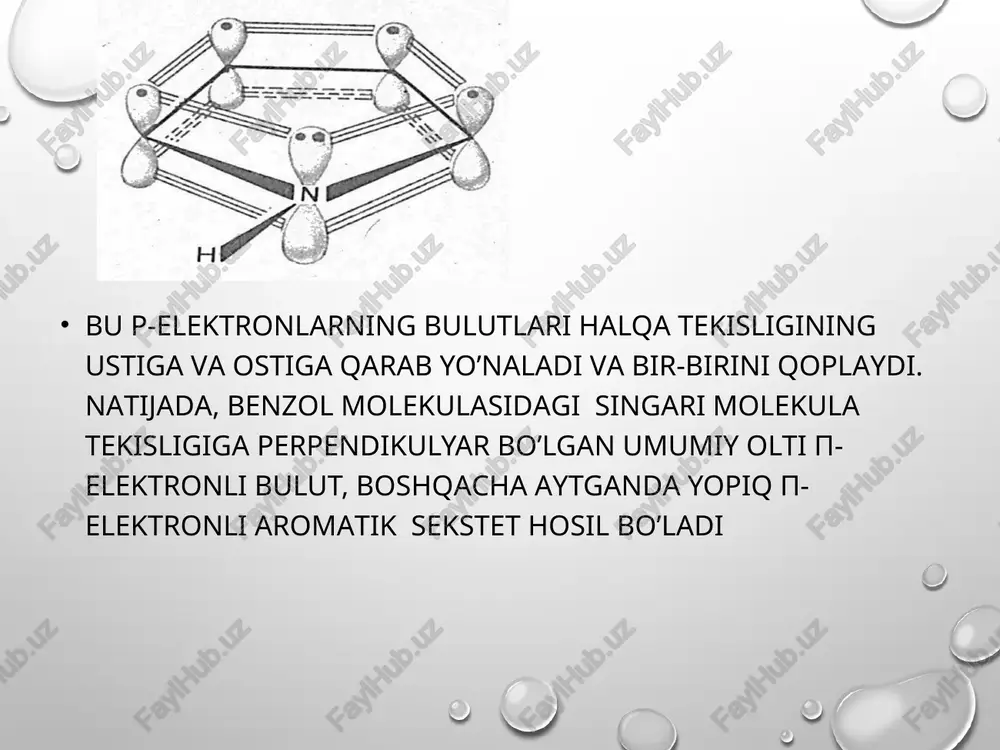 noncha pir – olov demakdir) deb nom berilgan. olinish usullari. 1. sanoatda pirrol furan va ammiak bug’larini 4000ᵒc gacha qizdirilgan alyuminiy oksidi ustidan o’tkazish (y. k. yuryev reaksiyasi) bilan olinadi . 2.qahrabo kislota va ammiakdan olish: 3. katalizator (alyuminiy va toriy oksidlari aralashmasi) ishtirokida butin-2-diol-1,4 va ammiakdan olish: 4. atsetilen va ammiakni qizdirilgan fe2o3 ustidan o'tkazish bilan olish: 5. pirrol gomologlari 2,5-diketonlarni ammiak bilan qizdirib (paal-knorr sintezi) olinadi: kimyoviy xossalari pirrol asos xossalarini deyarli namoyon qilmaydi. uning imino guruhi vodorodi juda kuchsiz kislota xossalariga ega bo’lib, kaliy, natriy, litiy singari metallarga almashinadi va pirrolning tuzlari hosil bo’ladi: pirrolkaliy qattiq modda bo’lib, suv bilan reaksiyaga kirishganida pirrol, galogenalkanlar bilan – n-alkilpirrollar, kislota xlorangidridlari ta‘sirida esa n-atsilpirrollarni hosil qiladi. agar reaksiyalar qizdirish bilan olib borilsa, n-atsil- va n-alkilpirrollar qayta guruhlanadi, ya‘ni alkil va atsil guruhlari azot atomidan α-uglerod atomiga o’tadi: pirrol va uning hosilalari aromatik xossalarni yaqqol namoyon qiladi. u o’z xossalari …