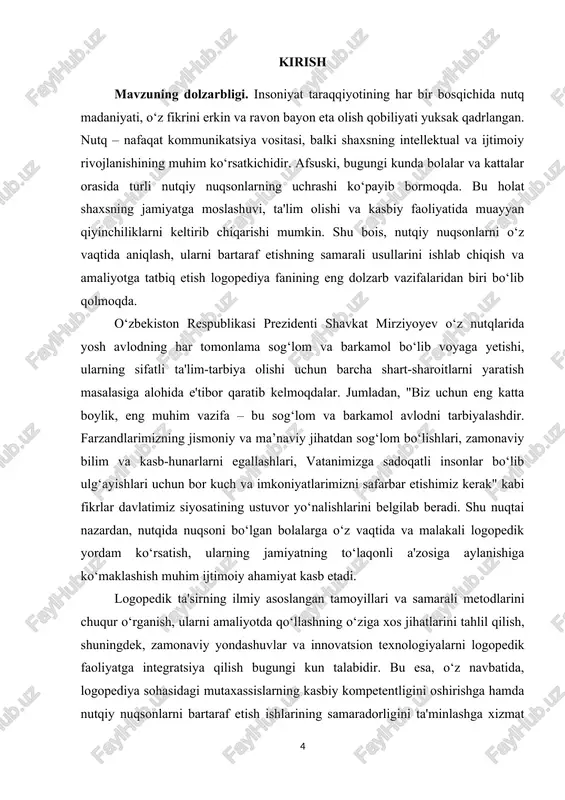 edik ta'sir metodlarini qo‘llashning o‘ziga xos jihatlarini yoritish. ⦁ logopedik ish samaradorligini oshirishda zamonaviy yondashuvlar va innovatsion texnologiyalarning rolini ko‘rsatish. ⦁ o‘rganilgan materiallar asosida xulosalar chiqarish va amaliy tavsiyalar ishlab chiqish. i bob logopedik ta’sirning usullari va tamoyillari 1.1.logopedik ta’sirning usullari logopedik ta’sir o‘rganadigan savollar doirasi yetarli darajada kengdir. shuning uchun tadqiqotda pedagogik usullar bilan bir qatorda tutash fanlar – sotsiologiya, psixologiya, fiziologiya va boshqa fanlarda foydalaniladigan usullar ham qo‘llaniladi. logopedik ta’sirda adabiy ma’lumotlar, pedagogik tekshiruv va tajribalarni umumlashtirish hamda taqlil qilish usulidan foydalaniladi. adabiy ma’lumotlarni umumlashtirish va taqlil qilish usuli. logopedik ta’sir bo‘yicha qar qanday tadqiqot bibliografiya bilan tanishishdan boshlanadi. tadqiqotchi muammolar bo‘yicha adabiy manbalarini tizimlashtiradi, qar bir muammoning ichida material muayyan bo‘lim bo‘yicha bo‘lib chiqadi. adabiy manbalarni umumlashtirish va taqlil qilish nafaqat nazariy, balki eksperimental tadqiqotlarda ham qo‘llanadi. nazariy tadqiqotda bu usul yagona bo‘lishi mumkin, chunki aynan uning yordamida masalan, u yoki bu korreksion usul, u yoki boshqa …