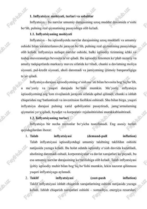 ft narxining oshishi) bilan bog‘lanadi. 3. giperinflyatsiya (hyperinflation) giperinflyatsiya – narxlar darajasining nazorat qilinmaydigan darajada tez va keskin oshishi bilan tavsiflanadi. bu holat odatda siyosiy beqarorlik, ichki yoki tashqi qarzlarning haddan tashqari ko‘payishi, davlat pul massasini nazoratsiz oshirishi natijasida yuzaga keladi. giperinflyatsiya iqtisodiy tizimning normal ishlashini deyarli imkonsiz qiladi, jamiyatda moliyaviy inqirozga olib keladi. 4. stagflatsiya (stagflation) stagflatsiya – bu iqtisodiy o‘sish sekinligi yoki to‘xtashiga qaramay, yuqori inflyatsiya kuzatiladigan holatdir. bu fenomen klassik iqtisodiy nazariyalarda tushuntirish qiyin bo‘lgan holat hisoblanadi, chunki odatda iqtisodiy o‘sish va inflyatsiya o‘zaro akslikda bo‘lishi kutiladi. stagflatsiya ish bilan bandlik darajasining pasayishi, ishlab chiqarish samaradorligining tushishi va narxlarning oshishi bilan tavsiflanadi. 5. kutilgan va kutilmagan inflyatsiya · kutilgan inflyatsiya – iqtisodiy agentlar tomonidan oldindan sezilgan inflyatsiya bo‘lib, u ma’lum strategiyalar va kelishuvlar orqali hisobga olinadi. · kutilmagan inflyatsiya – iqtisodiy agentlar kutmagan va rejalashtira olmaydigan narxlar o‘sishi. bu turdagi inflyatsiya iqtisodiy qarorlar, shuningdek, moliyaviy va ijtimoiy …