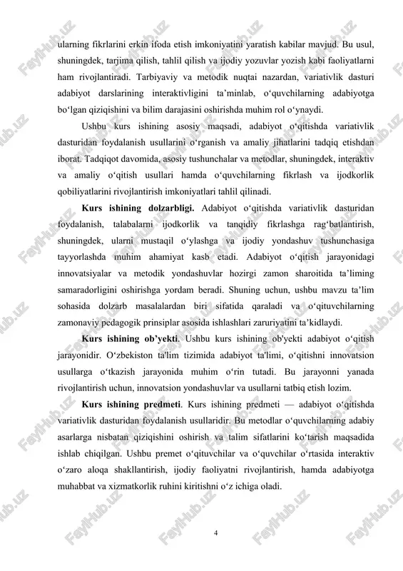 urining muhim elementidir. bu boʻlimda, avvalo, variativlik tushunchasi va uning adabiyot oʻqitishdagi ahamiyati keng yoritiladi. variativlik — bu oʻquv jarayonida turli usullar, metodlar va yondashuvlarni qoʻllash orqali oʻquvchilarning individual ehtiyojlari va qiziqishlariga moslashish imkoniyatidir. bu yondashuv, ayniqsa, adabiyot darslarida, oʻquvchilarning fikrlash, tahlil qilish, ijodiy faoliyatlarini rivojlantirishga xizmat qiladi. variativlik dasturining asosiy tushunchalaridan biri — metodlarning diversifikatsiyasi. bu, oʻqituvchilarga adabiyot matnlarini taqdim etishda turli usullarni — diskussiya, taqdimot, rolli oʻyinlar, analitik yozuvlar, muhokamalar va boshqalarni — qoʻllash imkoniyatini beradi. har bir usul oʻquvchilarning individual fikrlash tarziga mos keladigan tarzda darslarni yanada interaktiv va qiziqarli qilish imkonini yaratadi. misol uchun, diskussiya usuli oʻquvchilarning fikrlarini erkin ifoda etishiga va muhokamalar orqali fikrlash jarayonini rivojlantirishga yordam beradi. taqdimot va rolli oʻyinlar esa ijodiy fikrlashni faollashtiradi va madaniyatli muloqotni shakllantiradi[footnoteref:1]. [1: qodirov, s. (2020). variativlik dasturining nazariy asoslari va amaliyotda qoʻllanilishi. oʻzbekiston yoshlar davlat universiteti nashriyoti.] variativlik tushunchasining yana bir muhim elementi — individual yondashuv. …