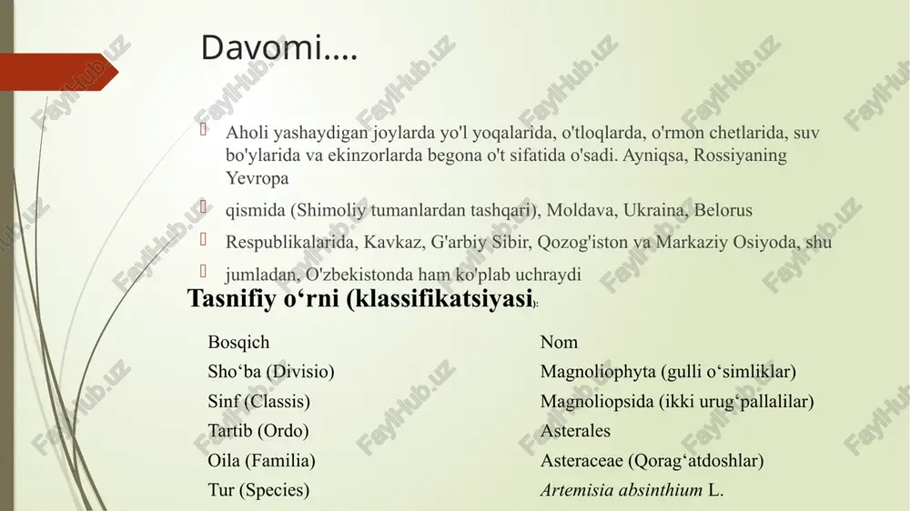 imlikning ildizlari uglevodlarga boy, jumladan, insulin moddasiga. kumarinlar: skopoletin, umbelliferon moddalari bu o'simlik tarkibida mavjudligi aniqlangan agrobiologik xususiyatlari xususiyat tavsif botanik oila asteraceae (kurmachagul) hayotiy shakli ko‘p yillik yarim buta (polukustarnik) iqlimga chidamliligi qurg‘oqchilikka va sovuqqa chidamli yerni tanlashi yengil qumoq va toshloq tuproqlarda yaxshi o‘sadi o‘sish muddati erta bahorda unib chiqadi, yoz oxiriga borib gullaydi vegetatsiya davri taxminan 120–150 kun bo‘yi odatda 40–100 sm, ba’zan 120 sm gacha yetadi gullash davri iyul–avgust oylarida ko‘payish usuli urug‘ va vegetativ (ildiz bo‘laklari) orqali foydali xususiyatlari antibakterial, antiseptik, oshqozonni yaxshilaydi, haydovchi (quvg‘un) xususiyatlarga ega 🔬 agrobiologik xususiyatlari: agronomik ahamiyati: fitomeliorativ o‘simlik hisoblanadi — tuproqdagi zararli mikroorganizmlarni bostiradi. entomofob xususiyatlari bor – zararli hasharotlarni haydaydi, shu sababli tabiiy pestitsid o‘rnida ishlatiladi. dori-darmon ishlab chiqarishda keng qo‘llaniladi (masalan, achchiq damlamalar tayyorlashda tibbiyotda ishlatilishi va undan olingan dorivor preparatlar shuvoqning faol moddalari og'iz bo'shlig'idagi ta'm nervlarining oxiriga ta'sir qilib, oshqozon-ichak traktining sekretor funksiyasini refleksli ravishda …