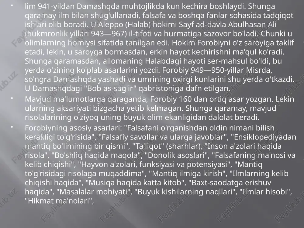 ashagan olimlar uchun qo'llanma vazifasini o'tadi. forobiy borliq muammosini "vujudi vojib" va "vujudi mumkin ta'limotidan kelib chiqqan holda tushuntiradi. uningcha, "vujudi vojib" barcha mavjud yoki paydo bo'lishi mumkin bo'lgan narsa, jism va moddalarning birinchi sababchisidir. forobiy allohga birinchi sabab, birinchi mohiyat, deb ta'rif beradi. alloh birinchi sabab sifatida boshqa sabab va turtkiga muhtoj emas. u yaratadi, lekin boshqa narsalar tomonidan yaratilmaydi. "vujudi mumkin" esa barcha yaratilgan, mavjud bo'lgan va yaratilajak narsa va ashyolarni anglatadi. forobiy tabiat, ashyo va jismlarning turli shakllari muayyan izchillik va zaruriyat bo'yicha yuz beradigan tadrijiy jarayonlar asosida paydo bo'ladi, deb hisoblaydi. butun mavjudotni sabab-oqibat nuqtai nazaridan 6 daraja (sabab)ga bo'ladi: alloh — birinchi sabab, ikkinchi sabab esa osmon jismlari, so'ng faol aql, jon (an-nafs), shakl (as-surat), podda yoki ashyolar (al-modda). alloh—vojibul vujud, ya'ni zaruriy mavjudlik bo'lsa, qolganlari — vujudi mumkin, ya'ni jmkoniy mavjud narsalardir. bular bir-biri bilan sababiy bog'langan. alloh, ya'ni "vujudi vojib" birinchi bo'lib aqli …