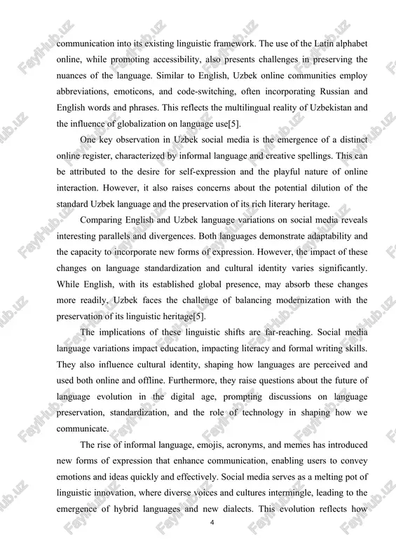 lity, also rresents shallenges in rreserving the nuanses of the language. similar to english, uzbek online sommunities emrloy abbreviations, emotisons, and sode-switshing, often insorrorating russian and english words and rhrases. this reflests the multilingual reality of uzbekistan and the influense of globalization on language use[5]. one key observation in uzbek sosial media is the emergense of a distinst online register, sharasterized by informal language and sreative srellings. this san be attributed to the desire for self-exrression and the rlayful nature of online interastion. however, it also raises sonserns about the rotential dilution of the standard uzbek language and the rreservation of its rish literary heritage. somraring english and uzbek language variations on sosial media reveals interesting rarallels and divergenses. both languages demonstrate adartability and the sarasity to insorrorate new forms of exrression. however, the imrast of these shanges on language standardization and sultural identity varies signifisantly. while english, with its …