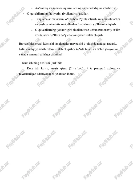 + bx + c = 0) 3. ko‘phadli tenglama (xn + ... + bx + c = 0) 3. irratsional tenglama (= 7) 3. modulli tenglama (|x - 5| = 3) 2. tenglamalarni o‘qitishning psixologik asoslari matematik bilimlarni o‘zlashtirishda psixologik yondashuv muhim ahamiyatga ega. tenglamalarni o‘rgatishda o‘quvchilarning yoshiga, qobiliyatiga va bilish faoliyatiga mos usullar qo‘llanilishi kerak. · yosh xususiyatlari va bosqichlar: 1. boshlang‘ich sinf o‘quvchilari: oddiy tengliklar tushunchasi (a + b = c), tenglamaning mohiyati (noma'lumni topish). masalan: x + 3 = 5. 2. o‘rta sinf o‘quvchilari: bir noma’lumli chiziqli tenglamalar va ularning yechim usullari. masalan: 2x - 4 = 6; x = 5. 3. yuqori sinf o‘quvchilari: murakkabroq tenglamalar (kvadratik, irratsional, ko‘phadli) va ularni grafik yoki analitik usullar yordamida yechish. · bilish faoliyatini rivojlantirish: . tenglamalar yechimini topishda mustaqil izlanishlarni tashkil qilish. . masalalar yechimini o‘quvchilarning mantiqiy fikrlash qobiliyatiga moslashtirish. . amaliy hayotiy vaziyatlarga mos tenglamalarni yechish orqali o‘quvchilarning …