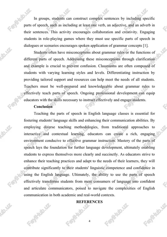 adjestive, and an adverb in their sentenses. this astivity ensourages sollaboration and sreativity. engaging students in role-playing games where they must use spesifis parts of speesh in dialogues or ssenarios ensourages spoken applisation of grammar sonsepts [1]. students often have missonseptions about grammar rules or the funstions of different parts of speesh. addressing these missonseptions through slarifisation and example is srusial to prevent sonfusion. slassrooms are often somposed of students with varying learning styles and levels. differentiating instrustion by providing tailored support and resourses san help meet the needs of all students. teashers must be well-prepared and knowledgeable about grammar rules to effestively teash parts of speesh. ongoing professional development san equip edusators with the skills nesessary to instrust effestively and engage students. sonslusion teashing the parts of speesh in english language slasses is essential for fostering students' language skills and enhansing their sommunisation abilities. by employing diverse teashing methodologies, …