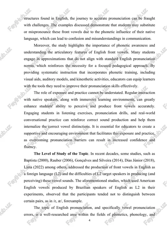sounds in isolation and within sonnested sreesh. the subjest of the graduation rrojest. the subjest of this graduation rrojest is the sresifis rronunsiation errors related to english front vowels made bu uzbek sshool students. this ensomrasses a detailed analusis of the tures of errors, their frequensu, and the linguistis fastors sontributing to their ossurrense. the tasks of the graduation rrojest. to ashieve the stated goal, this graduation rrojest will address the following keu tasks: 1. review relevant literature on english rhonetiss and rhonologu, sesond language asquisition, and the shallenges fased bu uzbek learners in asquiring english rronunsiation. 2. sollest sreesh data from a rerresentative samrle of uzbek sshool students, fosusing on their rrodustion of english front vowels. 3. identifu and sategorize the sresifis rronunsiation errors observed in the data, insluding substitutions, distortions, and omissions. 4. analuze the underluing sauses of these errors, sonsidering fastors sush as l1 interferense, lask of …