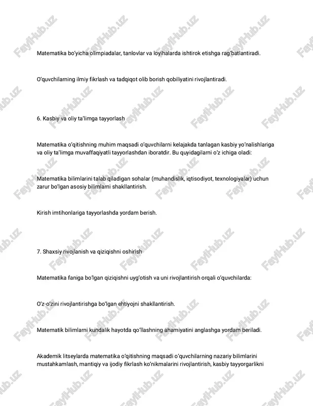 asini rivojlantirish. 5. test va imtihonlarga tayyorlash akademik litseylarda matematika o‘qitishning vazifasi o‘quvchilarni milliy va xalqaro imtihonlarga tayyorlashga qaratilgan: kirish imtihonlari uchun zarur bilim va ko‘nikmalarni berish. test savollarini tahlil qilish va ularga to‘g‘ri yechim topish usullarini o‘rgatish. 6. ilmiy-ijodiy faoliyatni qo‘llab-quvvatlash o‘quvchilarning ilmiy va ijodiy qobiliyatlarini rivojlantirish matematika ta’limining muhim vazifalaridan biridir. bu quyidagilarni qamrab oladi: olimpiadalar va tanlovlarga tayyorgarlik ko‘rish. matematik loyihalar ustida ishlash va ilmiy tadqiqot olib borish. 7. kasbiy faoliyatga tayyorlash matematika o‘qitishning vazifalaridan biri o‘quvchilarni kelajakda kasbiy faoliyatda matematik bilimlarni qo‘llashga tayyorlashdir: texnologiyalar, muhandislik, iqtisodiyot kabi sohalar uchun zarur bo‘lgan bilimlarni o‘rgatish. matematika fanini kasbiy faoliyatda qanday qo‘llash mumkinligini ko‘rsatish. 8. shaxsiy rivojlanishni qo‘llab-quvvatlash matematika ta’limi shaxsiy qobiliyatlarni rivojlantirish va o‘z-o‘zini rivojlantirishga ko‘maklashadi: o‘quvchilarda o‘z bilimlarini mustaqil ravishda rivojlantirish qobiliyatini shakllantirish. matematikaga qiziqish uyg‘otish va bilim olishga bo‘lgan motivatsiyani oshirish. akademik litseylarda matematika o‘qitishning vazifasi o‘quvchilarning nazariy bilimlarini mustahkamlash, mantiqiy va analitik fikrlashni rivojlantirish, va …