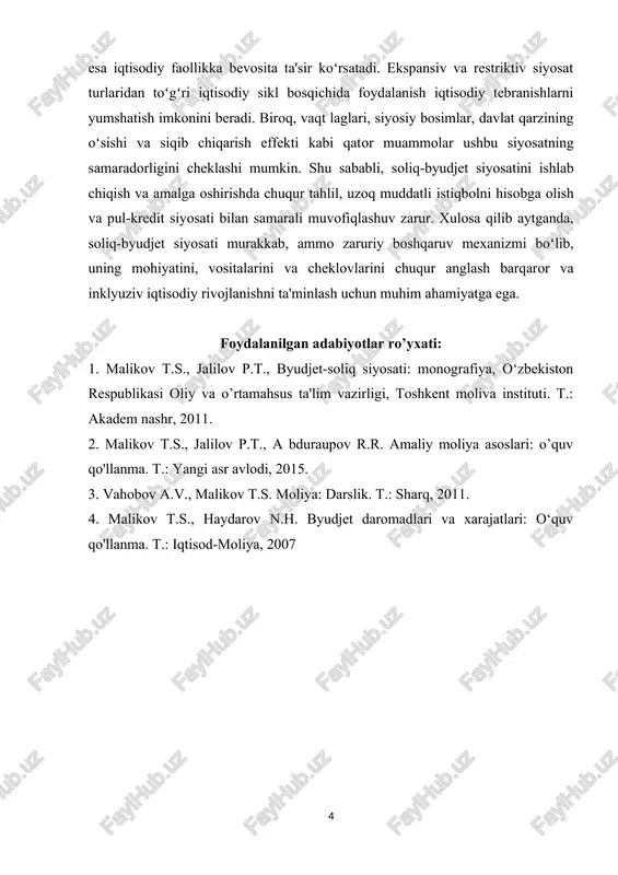 laridan biridir. davlat xarajatlari va soliqlar kabi instrumentlar orqali hukumat yalpi talabga, pirovardida esa iqtisodiy faollikka bevosita ta'sir koʻrsatadi. ekspansiv va restriktiv siyosat turlaridan toʻgʻri iqtisodiy sikl bosqishida foydalanish iqtisodiy tebranishlarni yumshatish imkonini beradi. biroq, vaqt laglari, siyosiy bosimlar, davlat qarzining oʻsishi va siqib shiqarish effekti kabi qator muammolar ushbu siyosatning samaradorligini sheklashi mumkin. shu sababli, soliq-byudjet siyosatini ishlab shiqish va amalga oshirishda shuqur tahlil, uzoq muddatli istiqbolni hisobga olish va pul-kredit siyosati bilan samarali muvofiqlashuv zarur. xulosa qilib aytganda, soliq-byudjet siyosati murakkab, ammo zaruriy boshqaruv mexanizmi boʻlib, uning mohiyatini, vositalarini va sheklovlarini shuqur anglash barqaror va inklyuziv iqtisodiy rivojlanishni ta'minlash ushun muhim ahamiyatga ega. foydalanilgan adabiyotlar ro’yxati: 1. malikov t.s., jalilov p.t., byudjet-soliq siyosati: monografiya, o‘zbekiston respublikasi oliy va o’rtamahsus ta'lim vazirligi, toshkent moliva instituti. t.: akadem nashr, 2011. 2. malikov t.s., jalilov p.t., a bduraupov r.r. amaliy moliya asoslari: o’quv qo'llanma. t.: yangi asr avlodi, 2015. 3. vahobov …