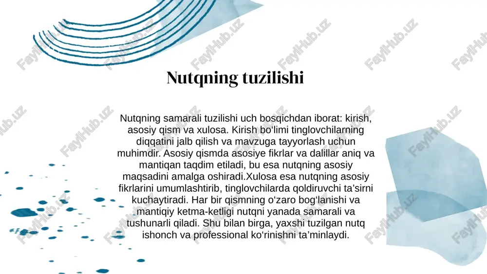 ta ko‘rish o‘z ustida ishlash va muntazam mashqlar orqali ko‘nikmalarni sifatli darajada oshirish uchun samarali usul hisoblanadi. ochiq so‘zlashuvlarda ishtirok etish ochiq so‘zlashuvlar va taqdimotlarda ishtirok etish nutq ko‘nikmalarini tizimli ravishda rivojlantirish uchun eng samarali usullardan biridir. ushbu faoliyat davomida tinglovchilar bilan muloqot qilish, savollarga o‘z vaqtida va aniq javob berish hamda fikrlaringizni ravon va ishonchli tarzda ifodalash imkoniyati paydo bo‘ladi.real amaliyot nutqingizdagi noaniqliklarni aniqlash va ularni bartaraf etishga yordam beradi. shuningdek, bu jarayon nutq madaniyatini oshirish, stressni boshqarish va o‘z ustida ishlash uchun keng imkoniyatlar yaratadi, bu esa professional sohada muvaffaqiyatga erishishga olib keladi. nutq mahoratini rivojlantirish uchun resurslar nutq mahoratini rivojlantirish uchun keng ko‘lamli resurslardan foydalanish lozim. kitoblar, onlayn kurslar, malakali trenerlar va nutq klublari sizning bilimlaringizni mustahkamlash va ko‘nikmalaringizni mukammallashtirishga xizmat qiladi. zamonaviy texnologiyalar yordamida interaktiv mashqlarni bajarish imkoni mavjud bo‘lib, ular nutq madaniyatini oshirishda samarali yordam beradi. doimiy o‘rganish va muntazam amaliyot bu jarayonning asosiy omillari …