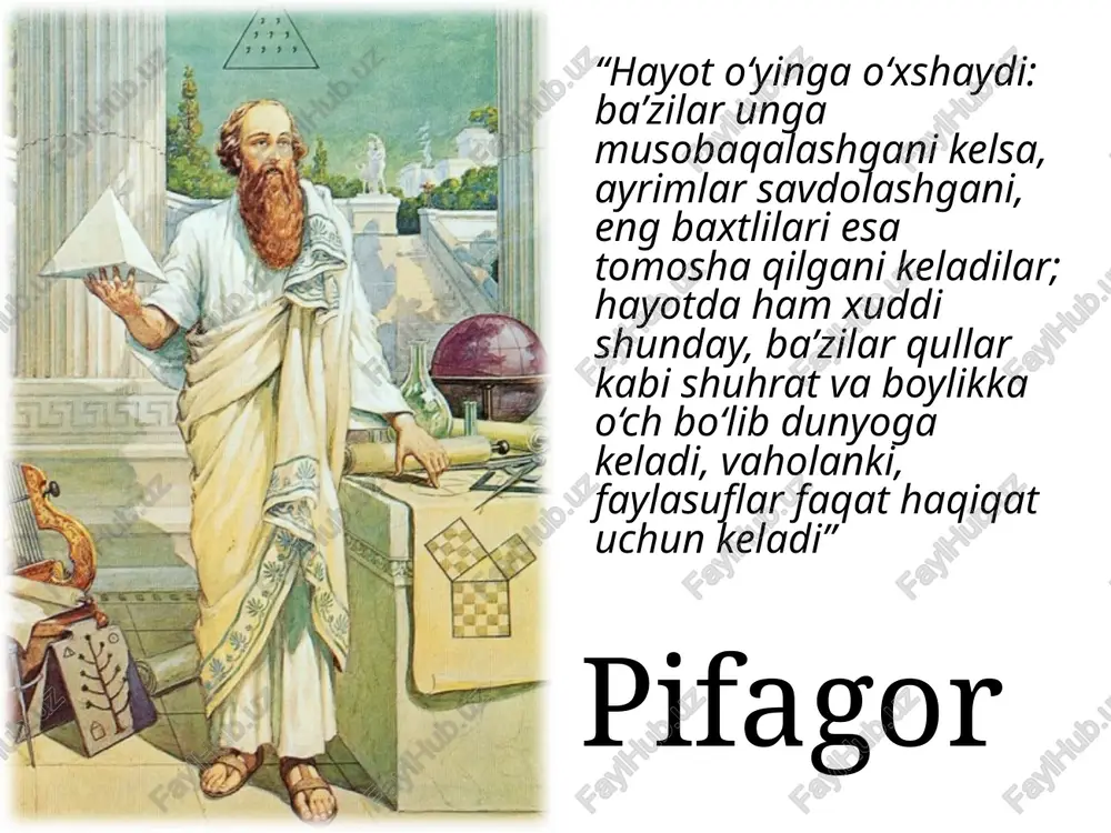 a keldi. dunyoqarashning avvalgi shakllari – mif va dindan farqli o‘laroq, falsafa dunyoni e’tiqod va tuyg‘ularga tayanib emas, balki aql va bilimlarga tayangan holda tushuntiradi. falsafa dunyoqarash sifatida falsafa – o‘ziga xos ilmiy-nazariy dunyoqarash turi. dunyoqarashning eng yuqori pog‘onasi va turi, ratsionallik, sistemalilik, mantiq va nazariy shakli borligi bilan ajralib turadi. falsafiy dunyoqarashning diniy va mifologik dunyoqarashdan farqi falsafiy dunyoqarash bilimga asoslangan (ishonch yoki rivoyatga emas); falsafiy dunyoqarash refleksiv (fikrning o‘ziga qaratilganligi); falsafiy dunyoqarash mantiqqa asoslangan (ichki birlik va sistemaga ega); falsafiy dunyoqarash aniq tushunchalar va kategoriyalarga asoslanadi. falsafaning dunyoqarash sifatidagi evolyutsiyasi bosqichlari geosentrizm falsafiy dunyoqarashning turi bo‘lib, uning asosida butun borliqni tushuntirib bo‘lmaydigan, g‘ayritabiiy kuch-xudoning hokimiyati orqali tushuntirish (o‘rta asrlarda yevropada tarqalgan). kosmosentrizm antroposentrizm falsafiy dunyoqarash, uning asosida olamni,tabiat hodisalarni tashqi kuchlar–koinot (kosmos)- qudrati va cheksizligi orqali tushuntirish, unga ko‘ra butun borliq koinot va kosmik sikllarga bog‘liq (bu falsafa qadimgi hindiston, xitoy, boshqa sharq mamlakatlari va qadimgi gretsiyaga xos). …