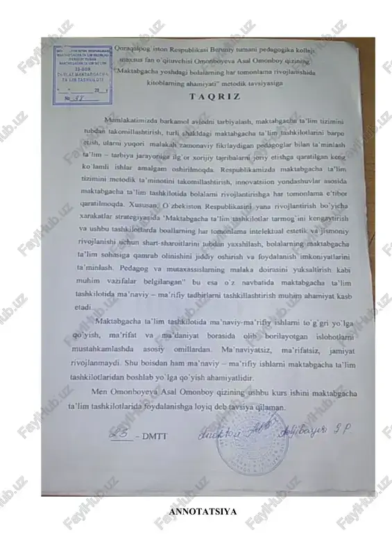 xonlikni rivojlantirish. 2. bolalarni kitobga mehr qo’yishida mtt ning ahamiyati. 3. maktabgacha yoshdagi bolalarda kitobxonlikning pedagogik-psixologik va yosh xususiyatlarining ahamiyati. 4.mavzuga oid pedagogik, ilmiy, psixologik, tarixiy, metodik adabiyotlarni o’rganish va tahlil qilish; 5.maktabgacha yoshdagi bolalarni kitobxonlikka mehr uyg’otishning o’ziga xos xususiyatlarini aniqlash; 6.maktabgacha yoshdagibolalarni kitobxonllikka mehr uyg’otishning bugungi kundagi holatini kuzatish va o’rganish; 7.metodik tavsiyalar ishlab chiqib, amaliyotga joriy qilish. 6 i-bob.maktabgacha yoshdagi bolalarning kitobxonlikning o‘ziga xos xususiyatlari 1.1maktabgacha yoshdagi bolalarda kitobxonlikning pedagogik-psixologik va yosh xususiyatlarining ahamiyati. maktabgacha ta’lim yoshidagi bolalar kitobxonligi-bu maktabgacha yoshdagi bolalar kitobxonligi asosan oiladan, bolalar bog`chalaridan, ga katta e’tibor beriladi. bola kitobdagi rasmlarni qayta qayta o’z o’rtoqlariga, kattalarga, qo’g’irchog’iga “o’qib” berish bilan uning mazmunini o’z xotirasida mustahkamlaydi. kitobdagi yorqin,chiroyli rasmlar bolalarning badiiy didini tarbiyalaydi. she’riy obrazlarda badiiy adabiyot jamiyat va tabiat hayotini, insoniy histuyg’ular va o’zaro munosabatlar olamini ochib beradi hamda tushuntiradi. bu namunalar o’z tas’ir kuchiga ko’ra turlicha bo’ladi: hikoyalarda bolalar so’zlarning lo’ndaligi va aniqligini …